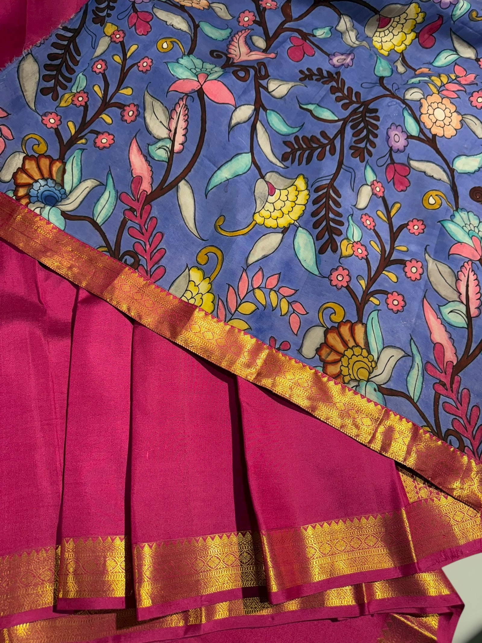 Ruby Pink vintage Kanchipuram silk saree with pen kalamkari blouse