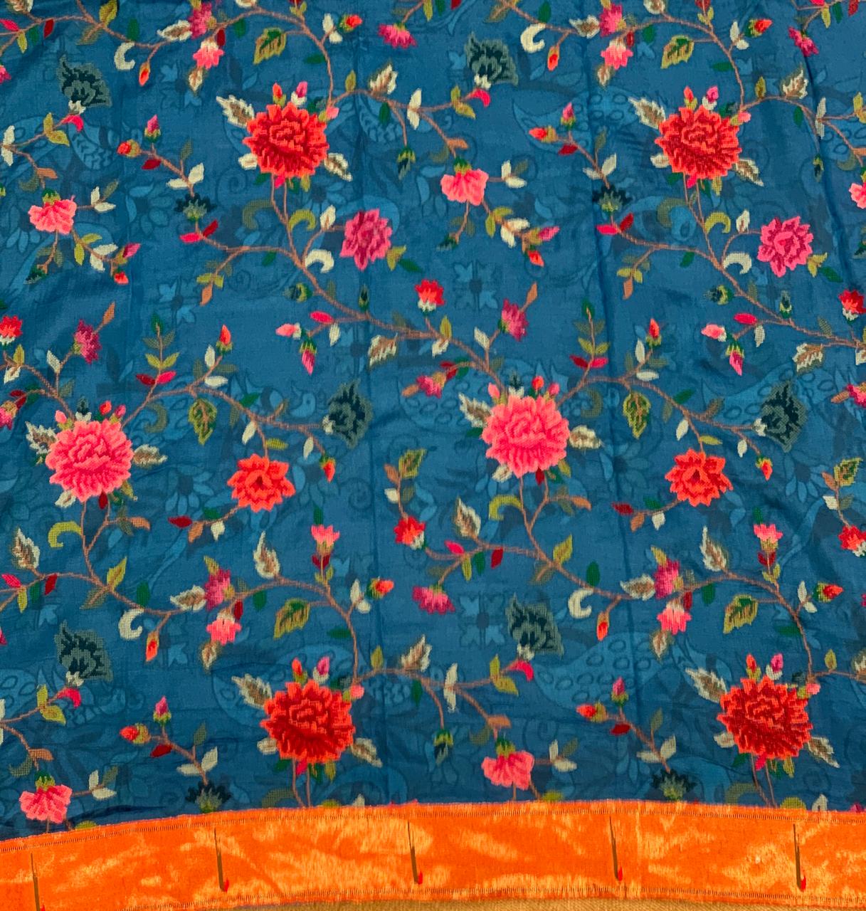 Cobalt Blue Mul tissue stripes saree with fusion blouse : D62137