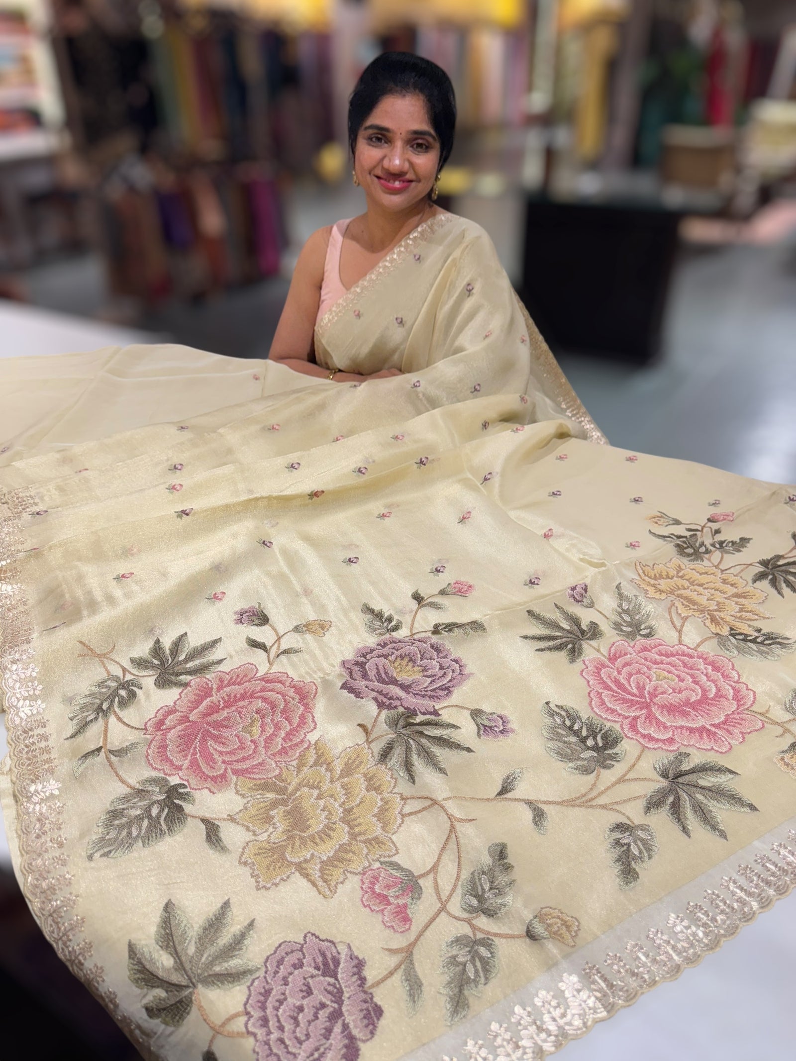 Ivory Tissue Georgette Saree with petite point emb