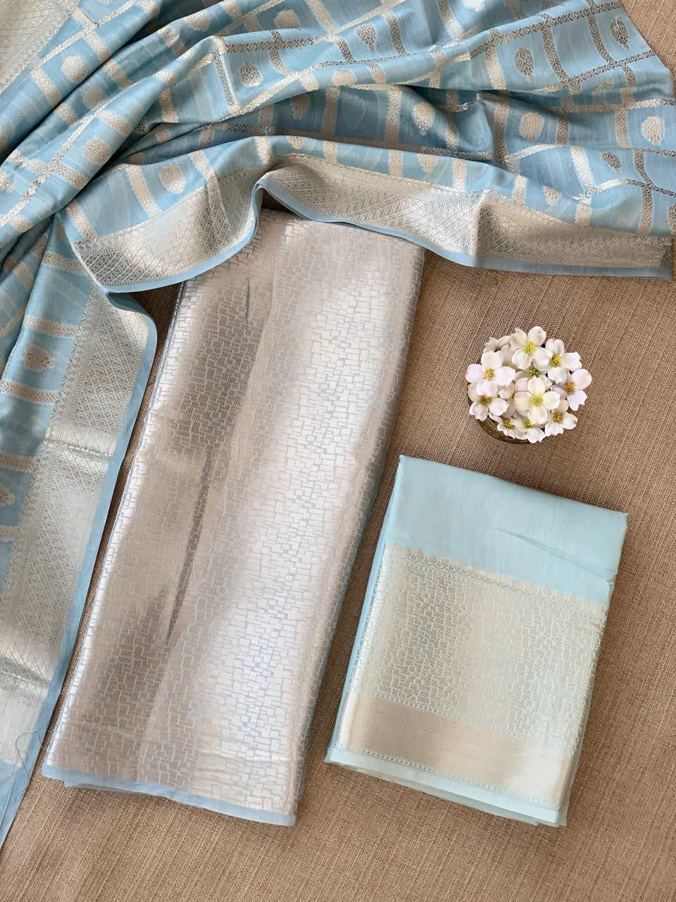 Powder Blue Banarasi Mul Silk Brocade 3-pc Sharara Suit set : SS62J16