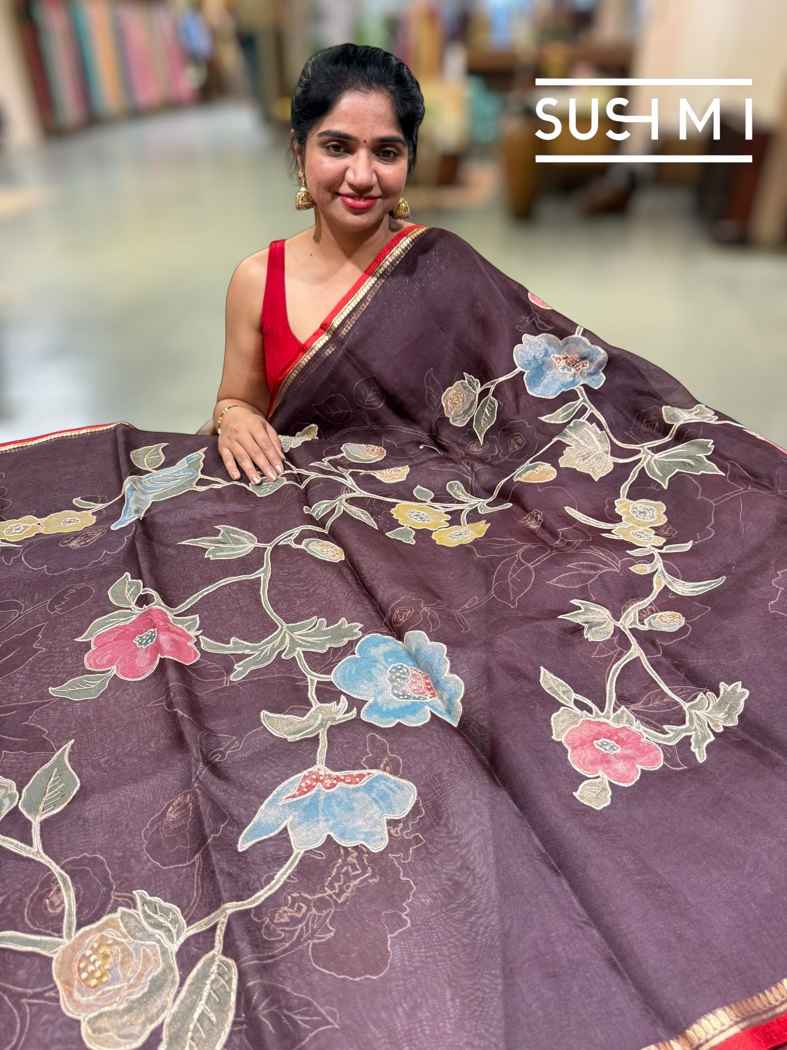 Brown Designer Organza with Tissue applique work : S62F092