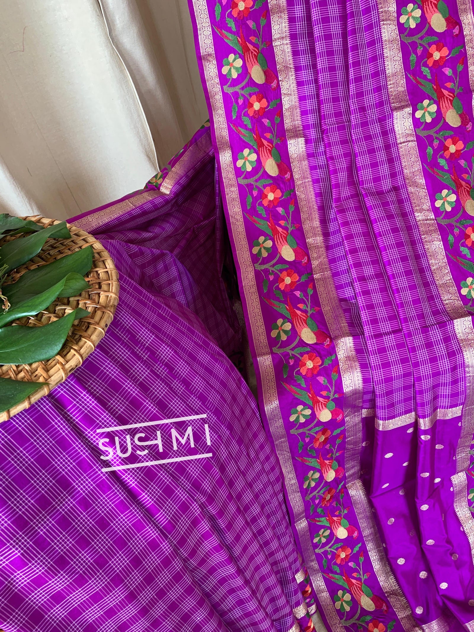 Majenta Vintage checks Kanjeevaram soft silk saree with embroidery D62F041