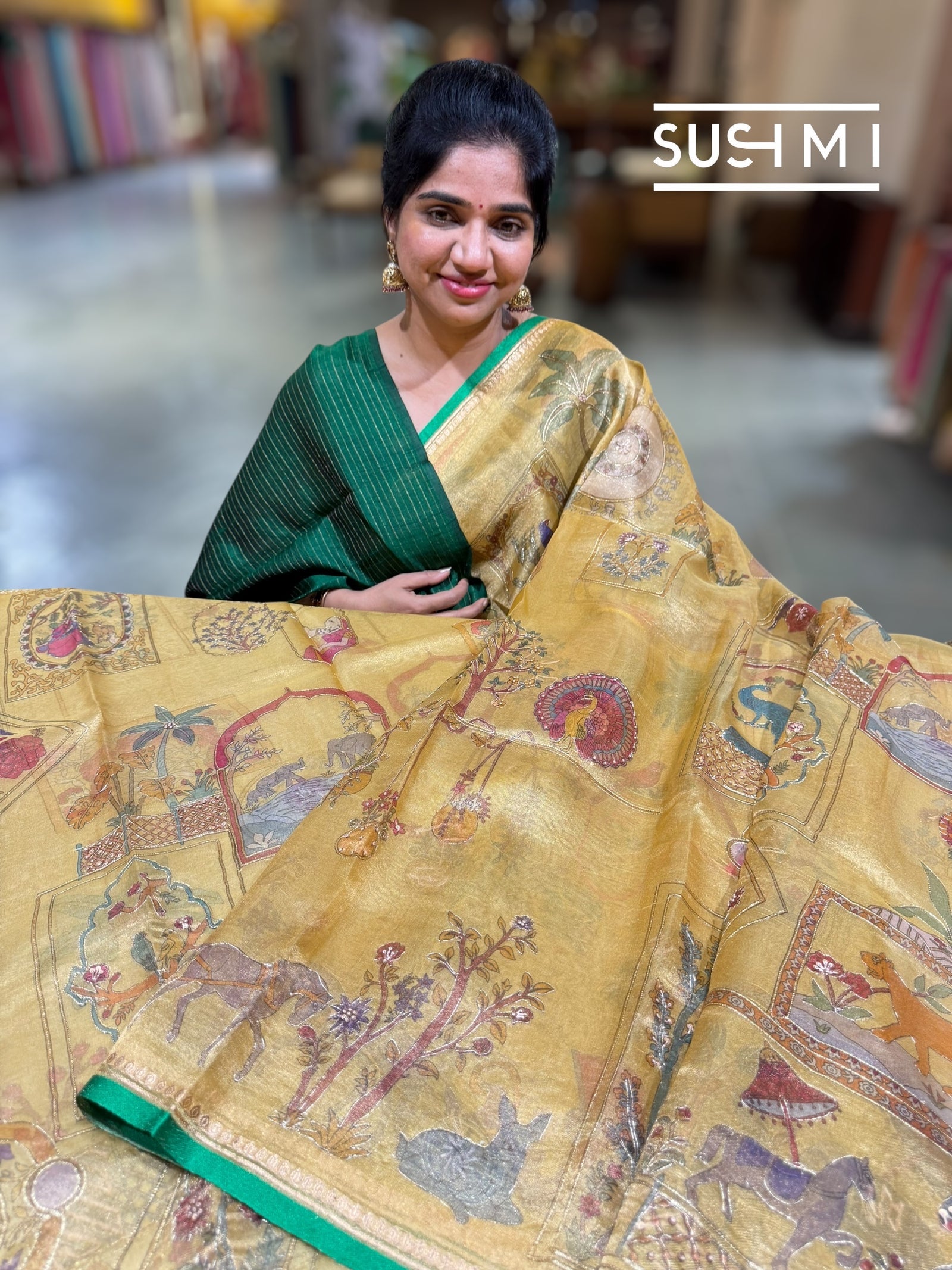 Golden Yellow Banarasi printed Tissue saree with handwork D62F056