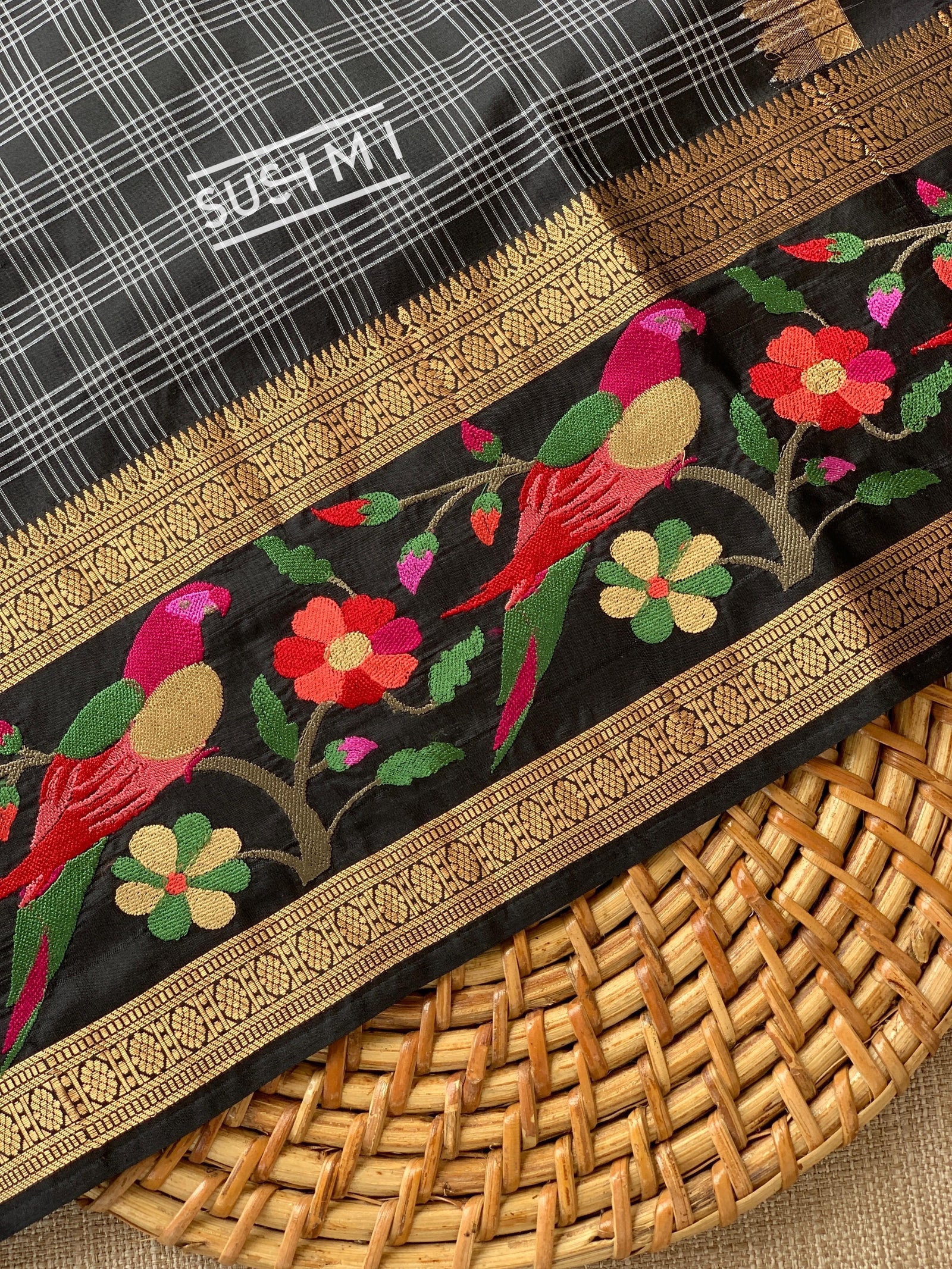 Black Vintage checks Kanjeevaram soft silk saree with embroidery D62F042