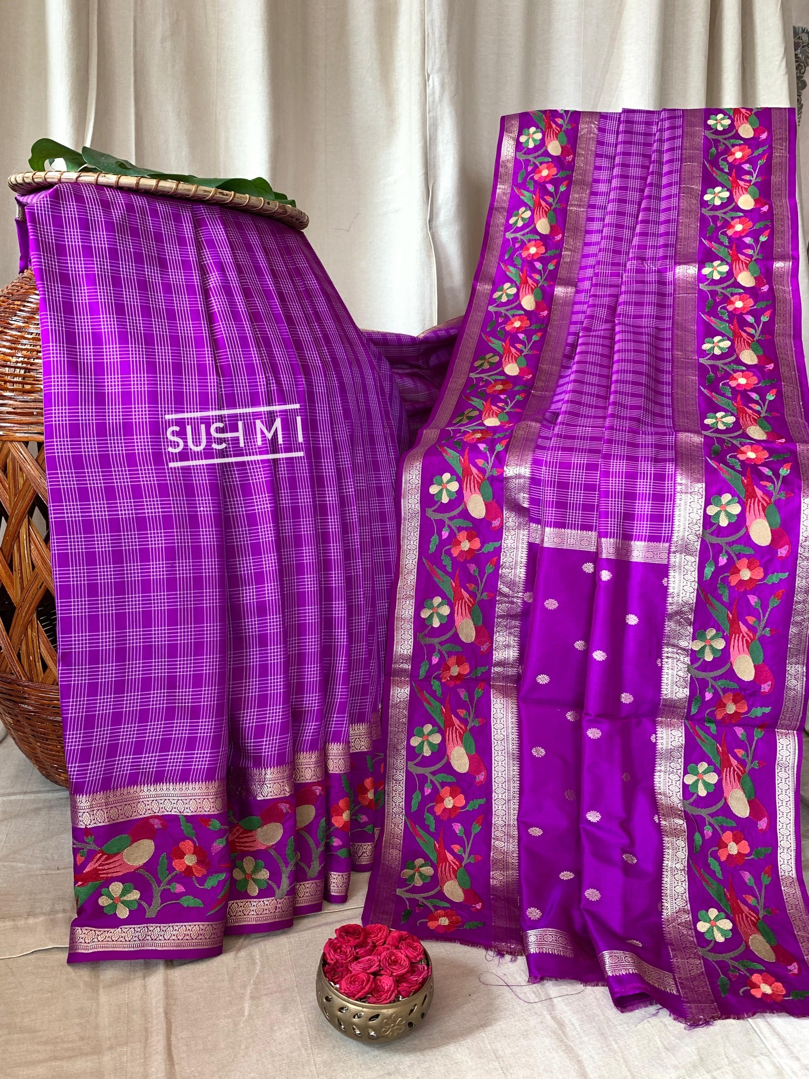 Majenta Vintage checks Kanjeevaram soft silk saree with embroidery D62F041