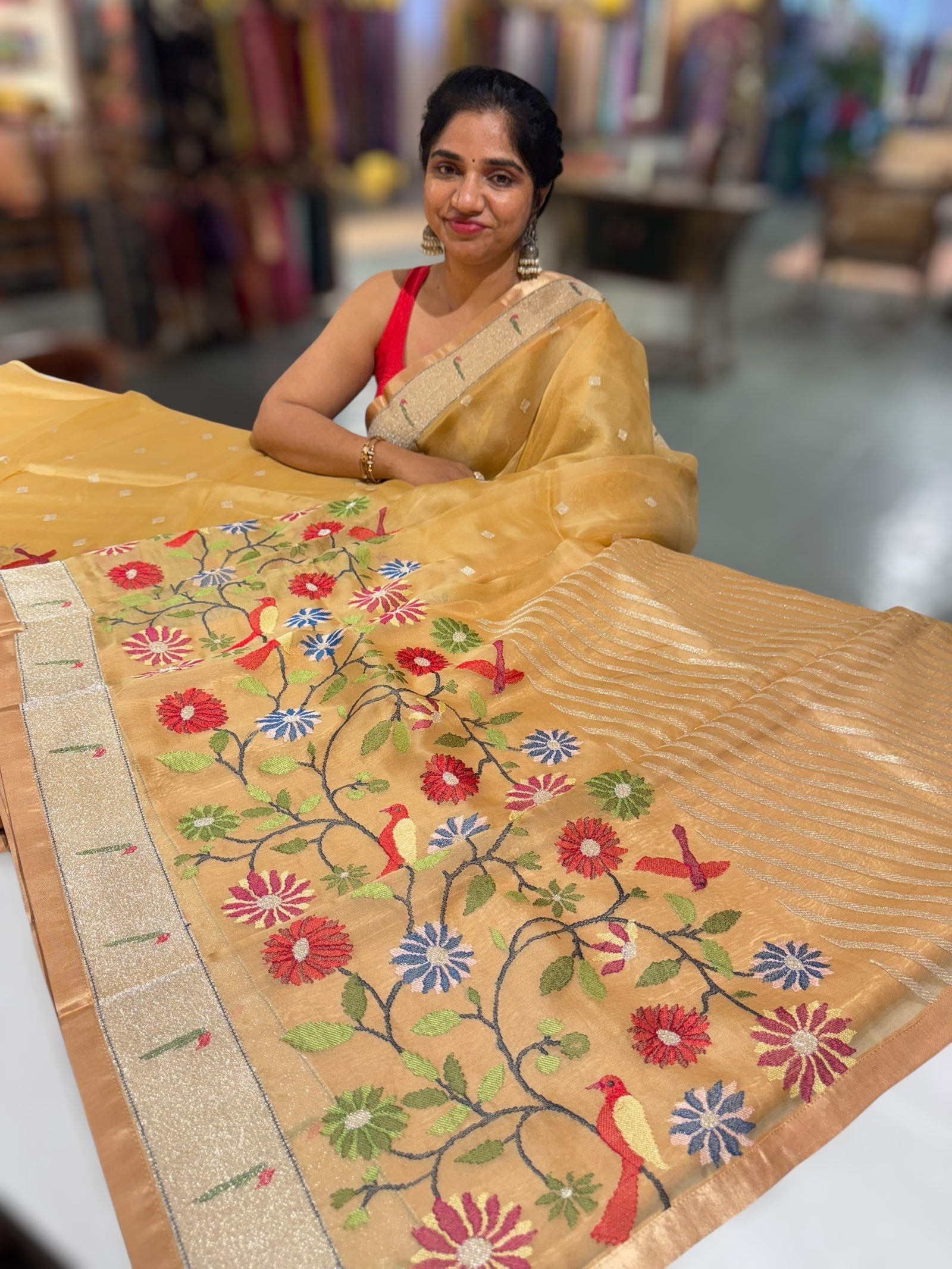 Sandalwood color Pure Organza Saree with pythani insipred embroidery