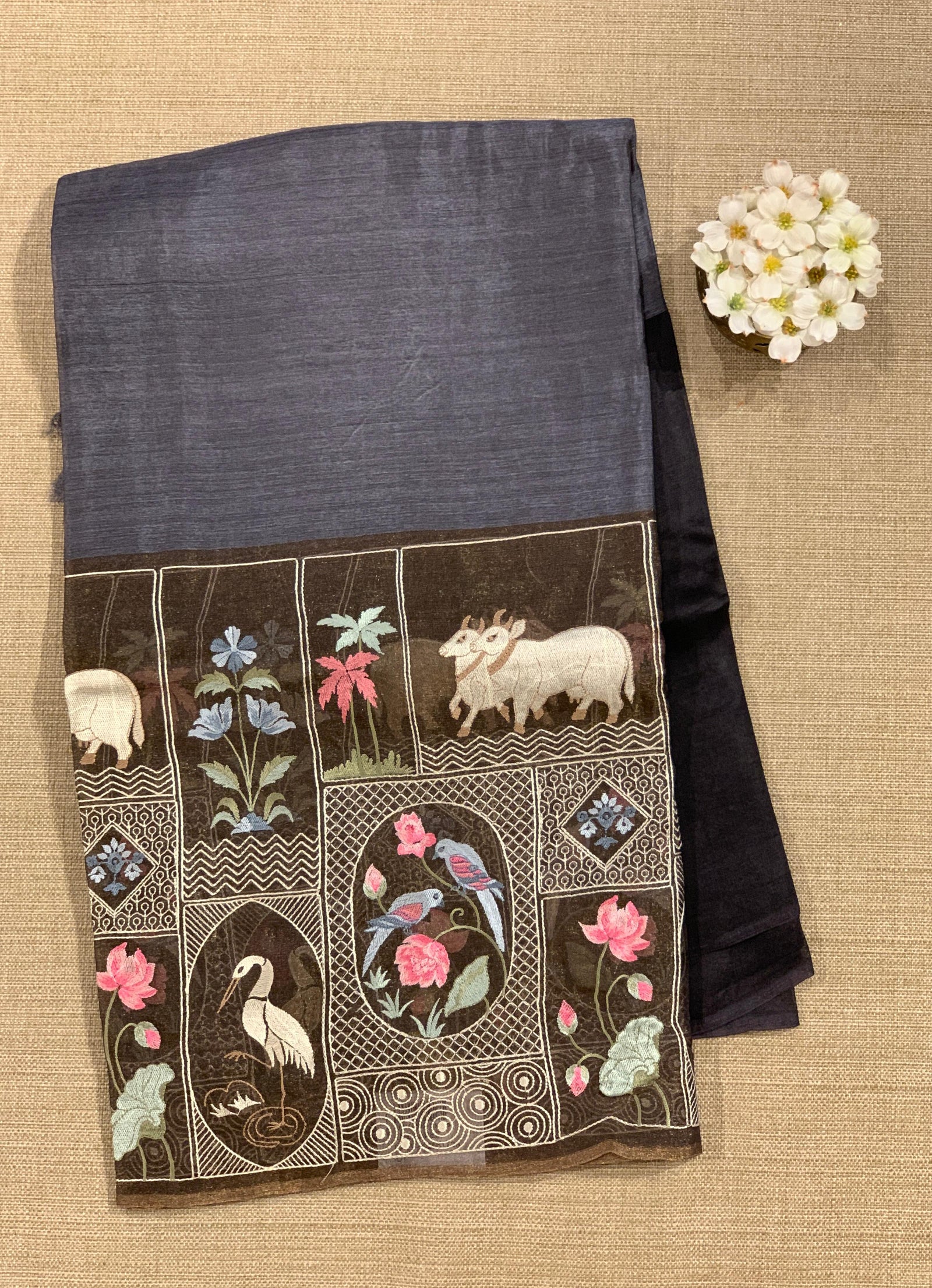 Black Kora-Tussar blend Handloom Saree with Tissue embroidered Skirt Border