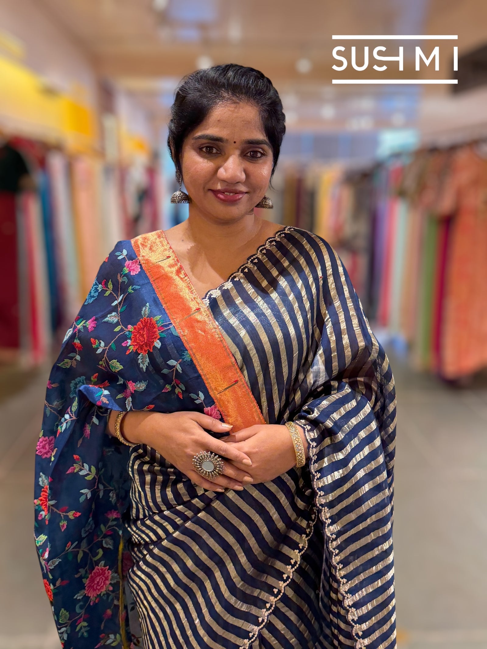 Midnight blue Mul tissue stripes saree with fusion blouse : D62134
