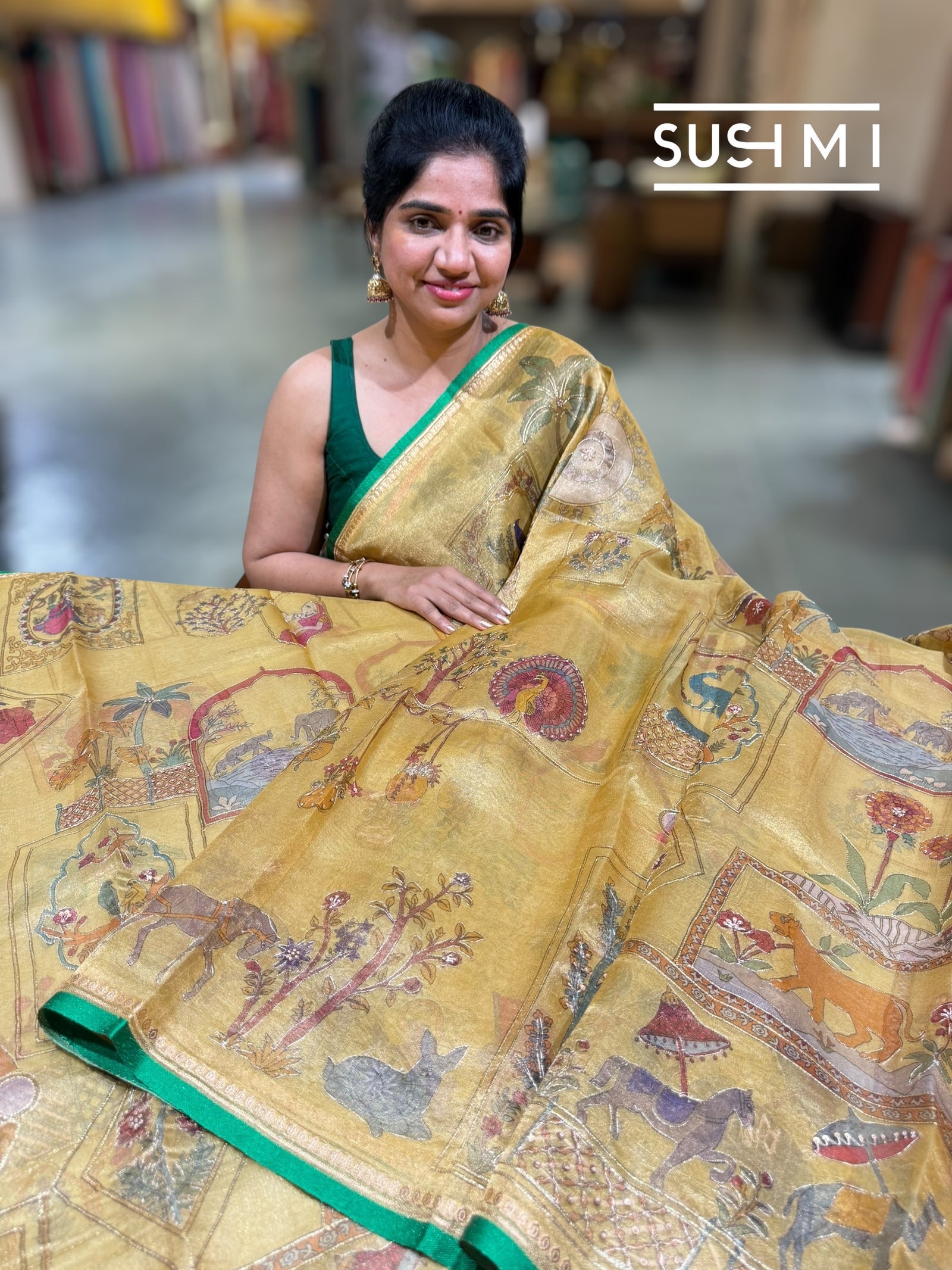 Golden Yellow Banarasi printed Tissue saree with handwork D62F056