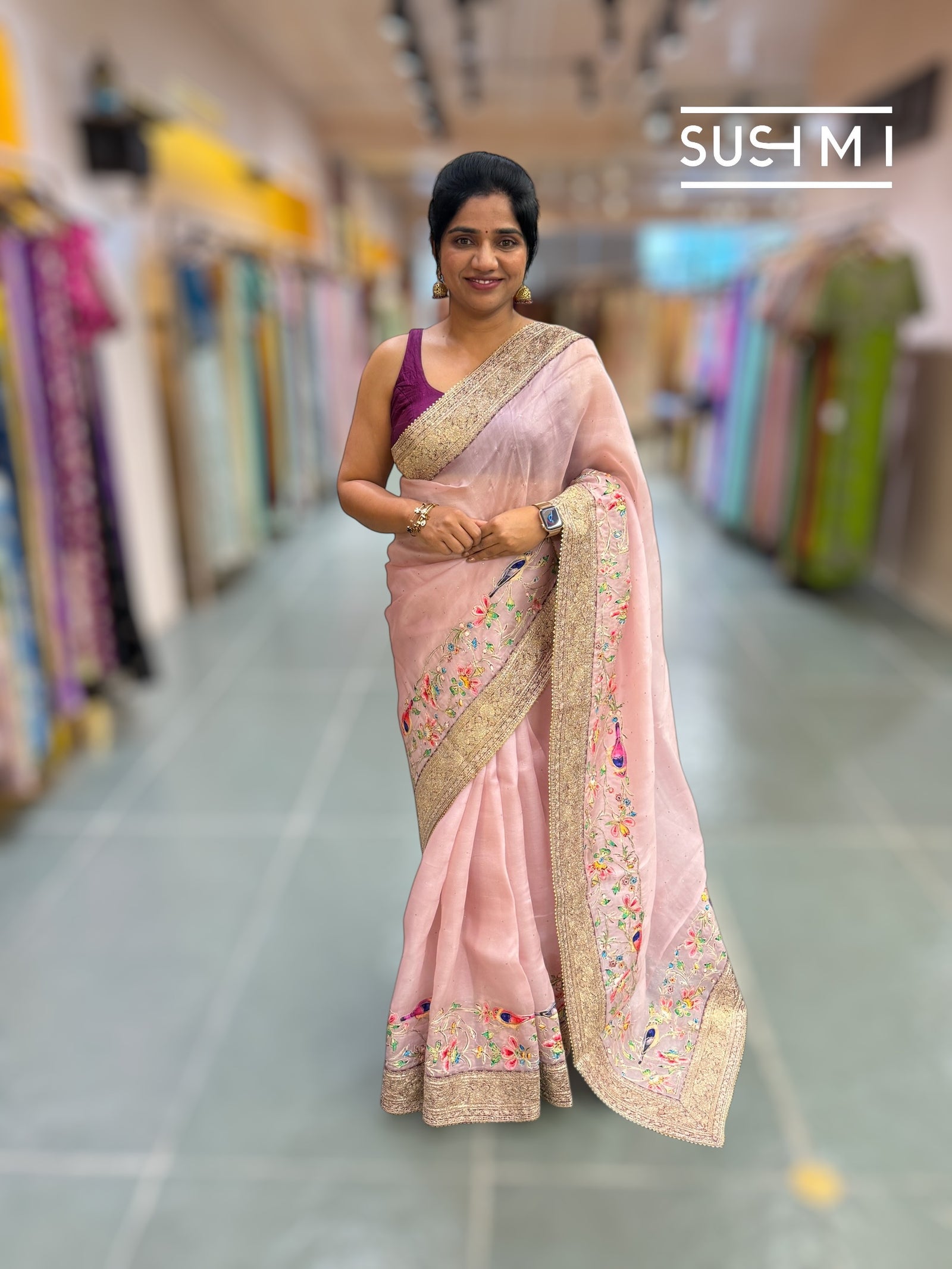 Dusty Pink Organza Banarasi Fusion Saree with Bird Appliqué : SM019