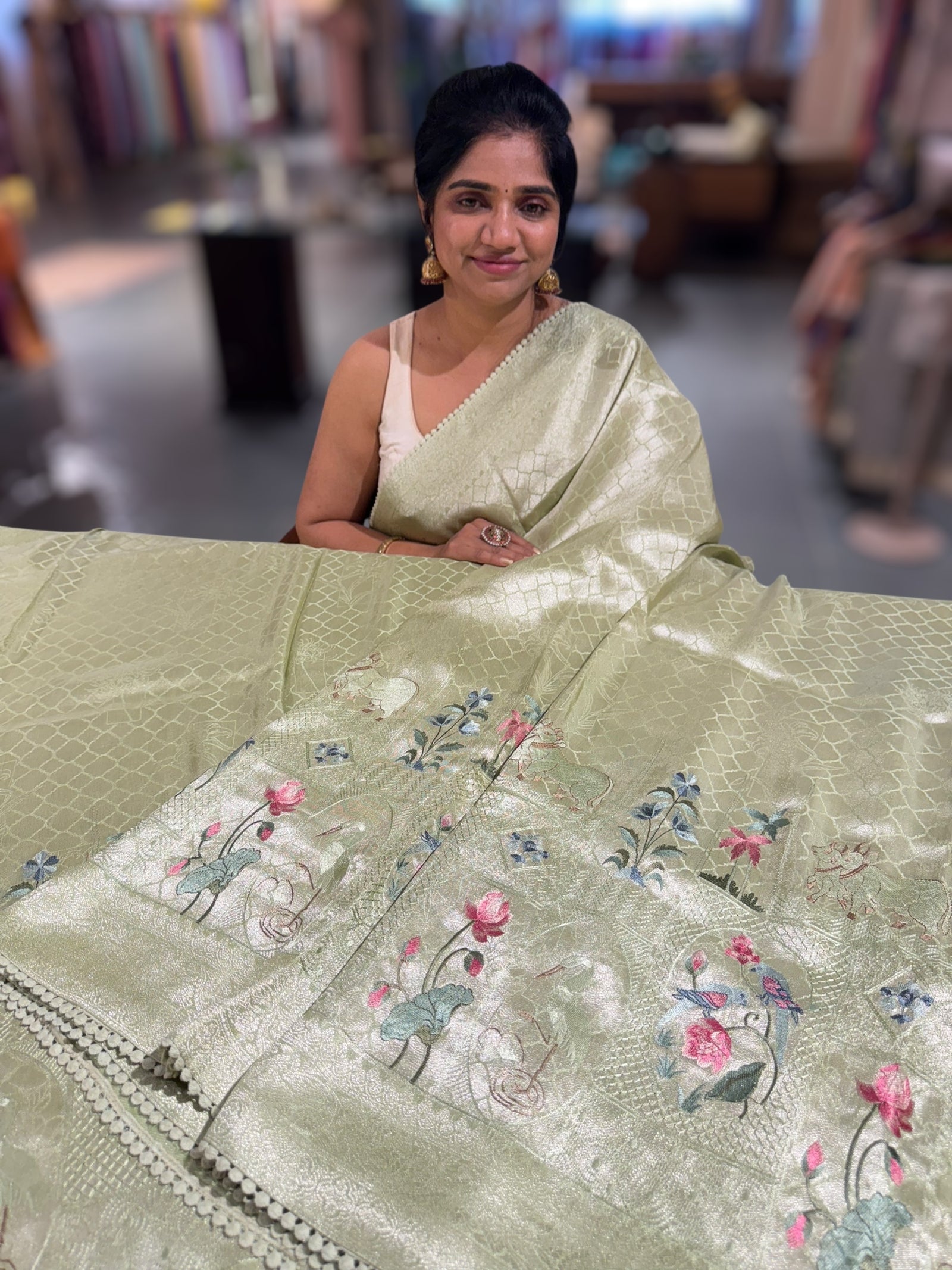 Seagreen Fancy Banarasi Tonchoi style saree with embroidery