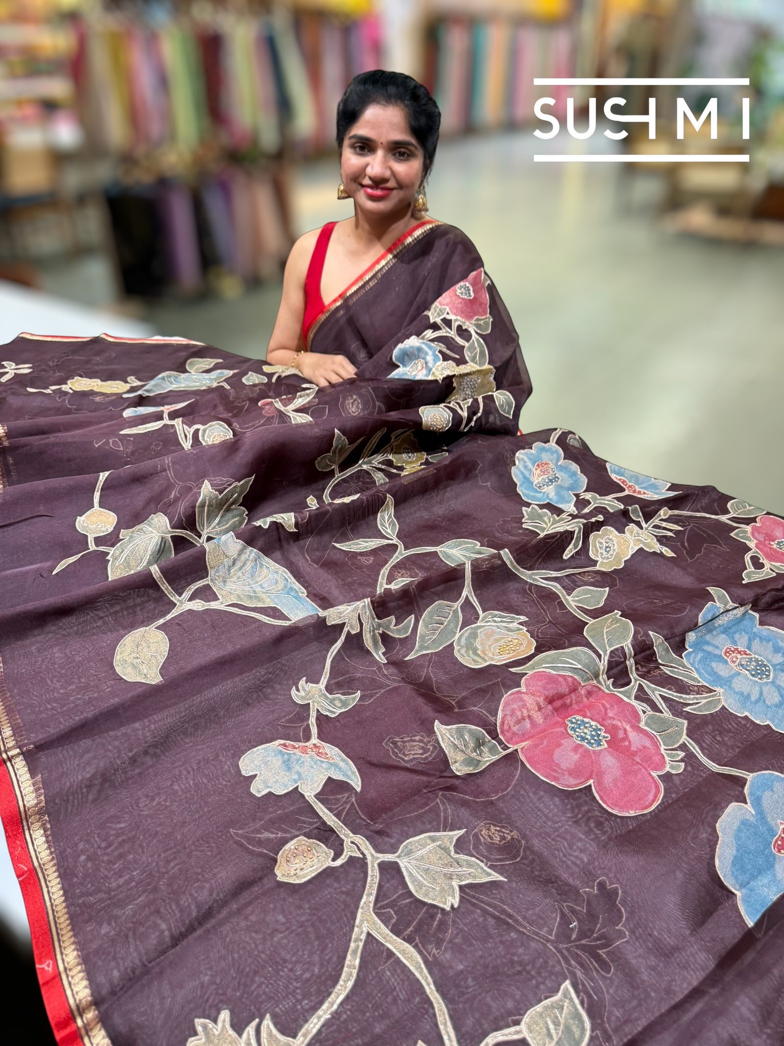 Brown Designer Organza with Tissue applique work : S62F092