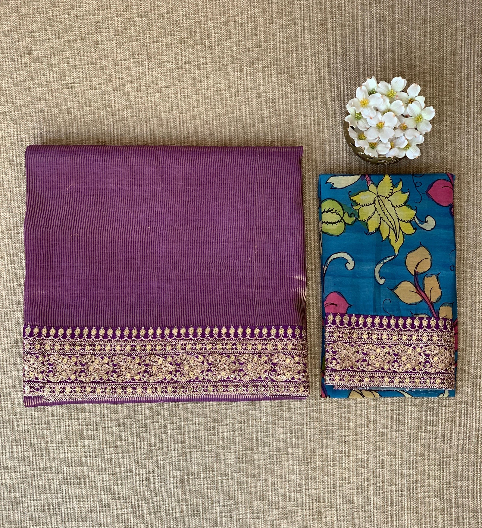 Purple kora Muslin Tissue fusion saree