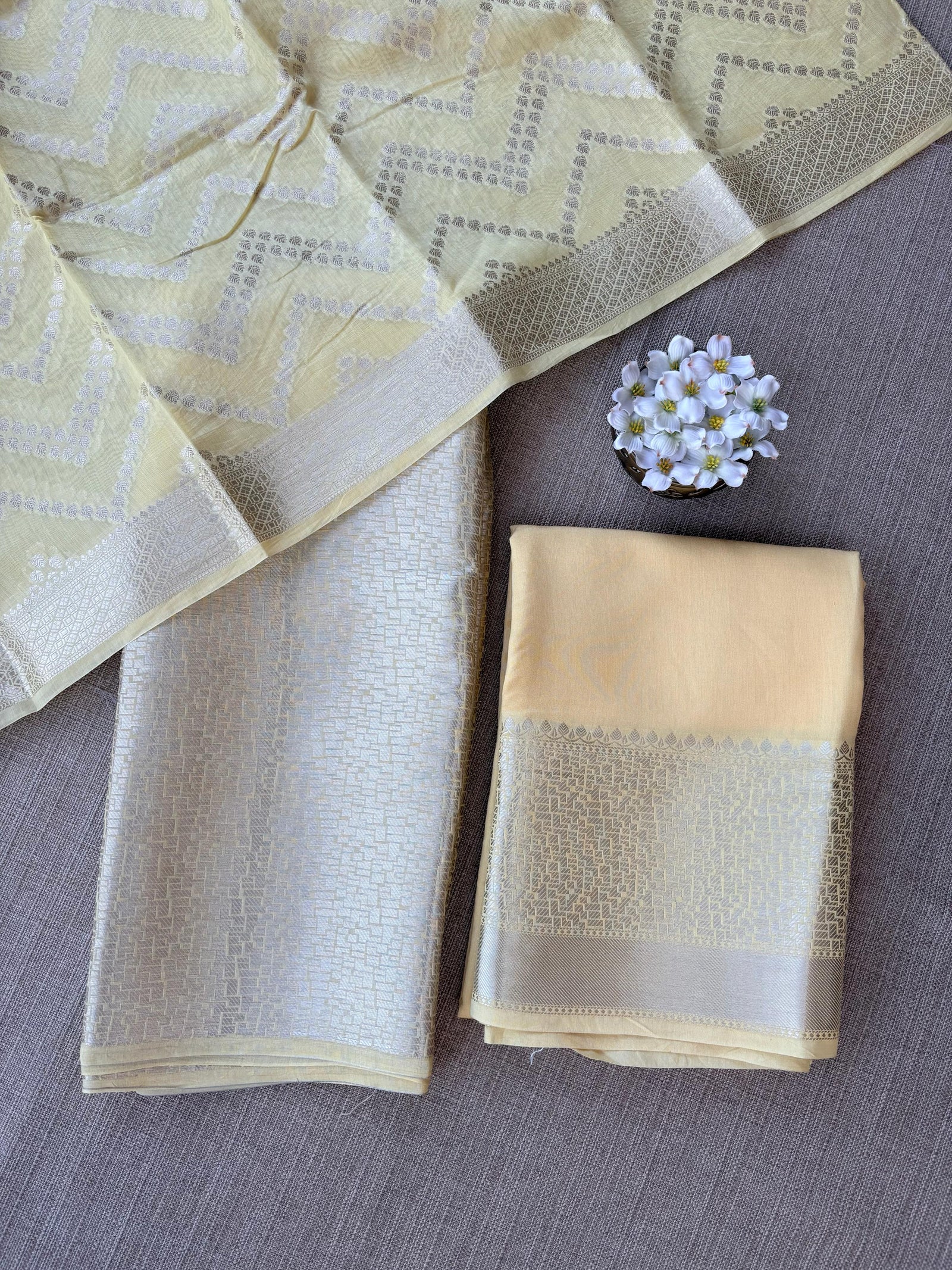 Besan Yellow Banarasi Mul Silk Brocade 3-pc Sharara Suit set : SS62J17