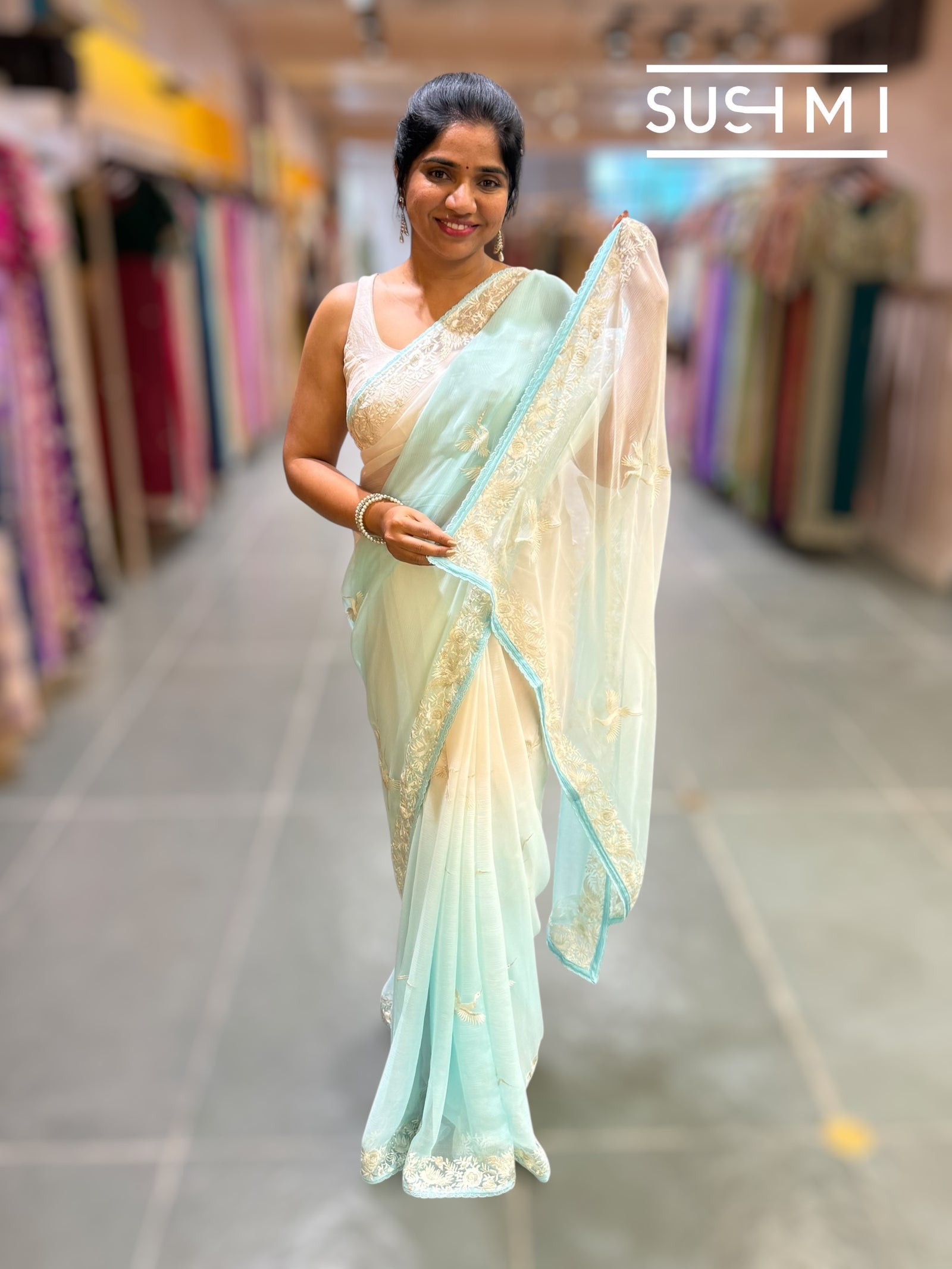 Pastel Blue ombre dyed pure chiffon saree with parsigara embroidery : S62F070