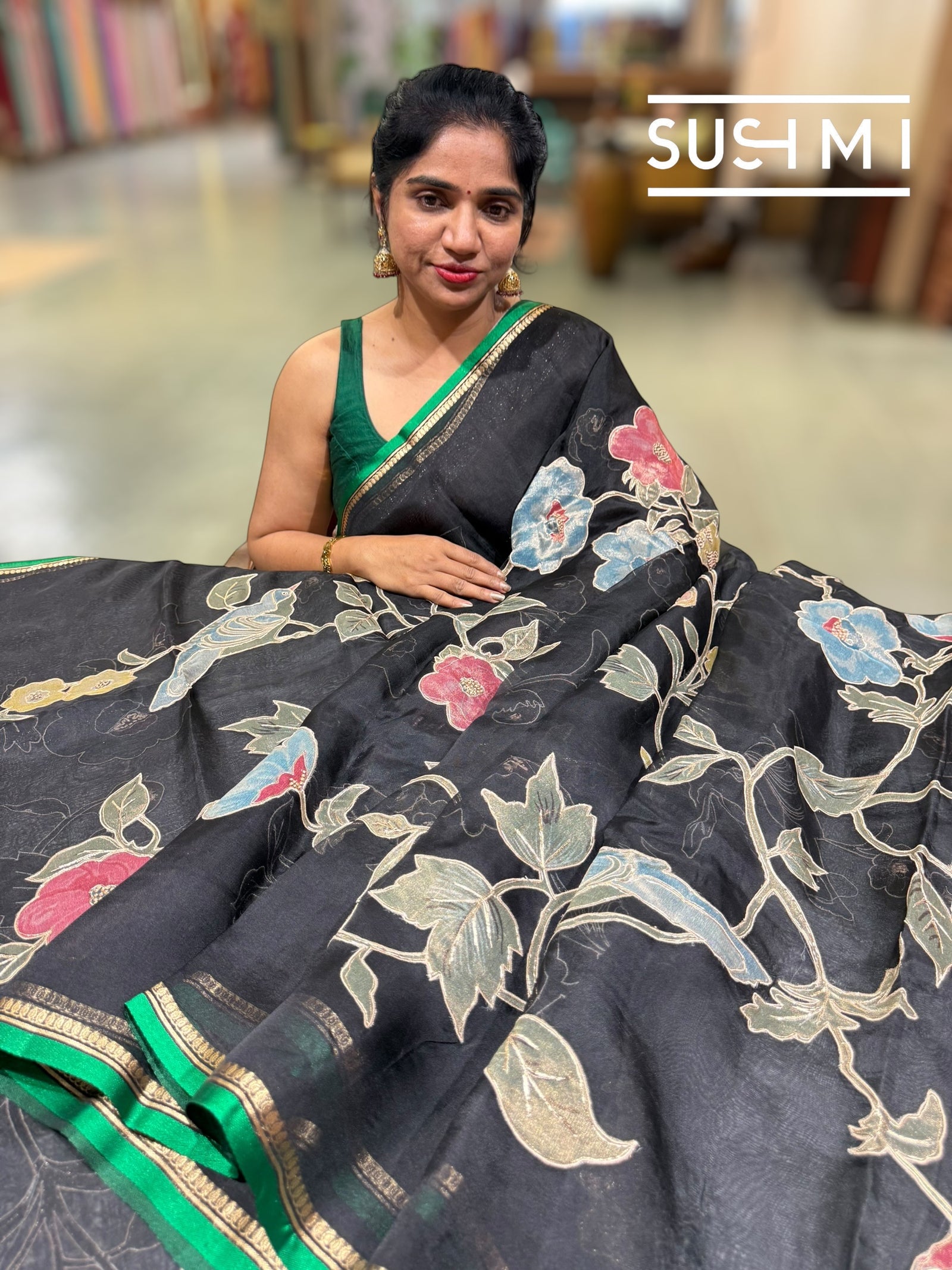 Black Designer Organza with Tissue applique work : S62F094