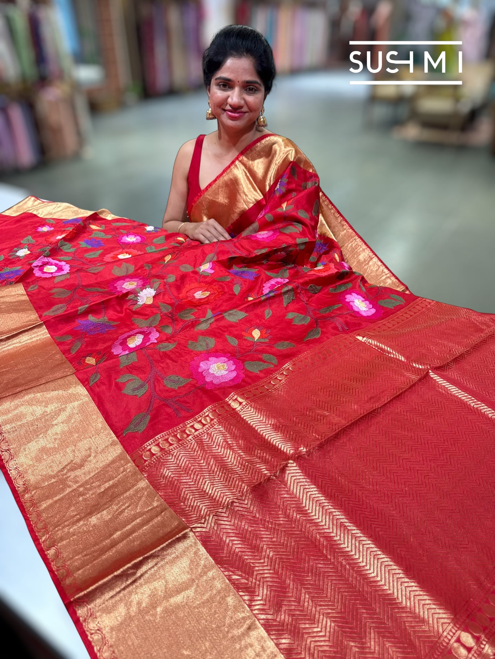 Chilli Red Kanchi Soft Silk Saree with embroidery : S62F177