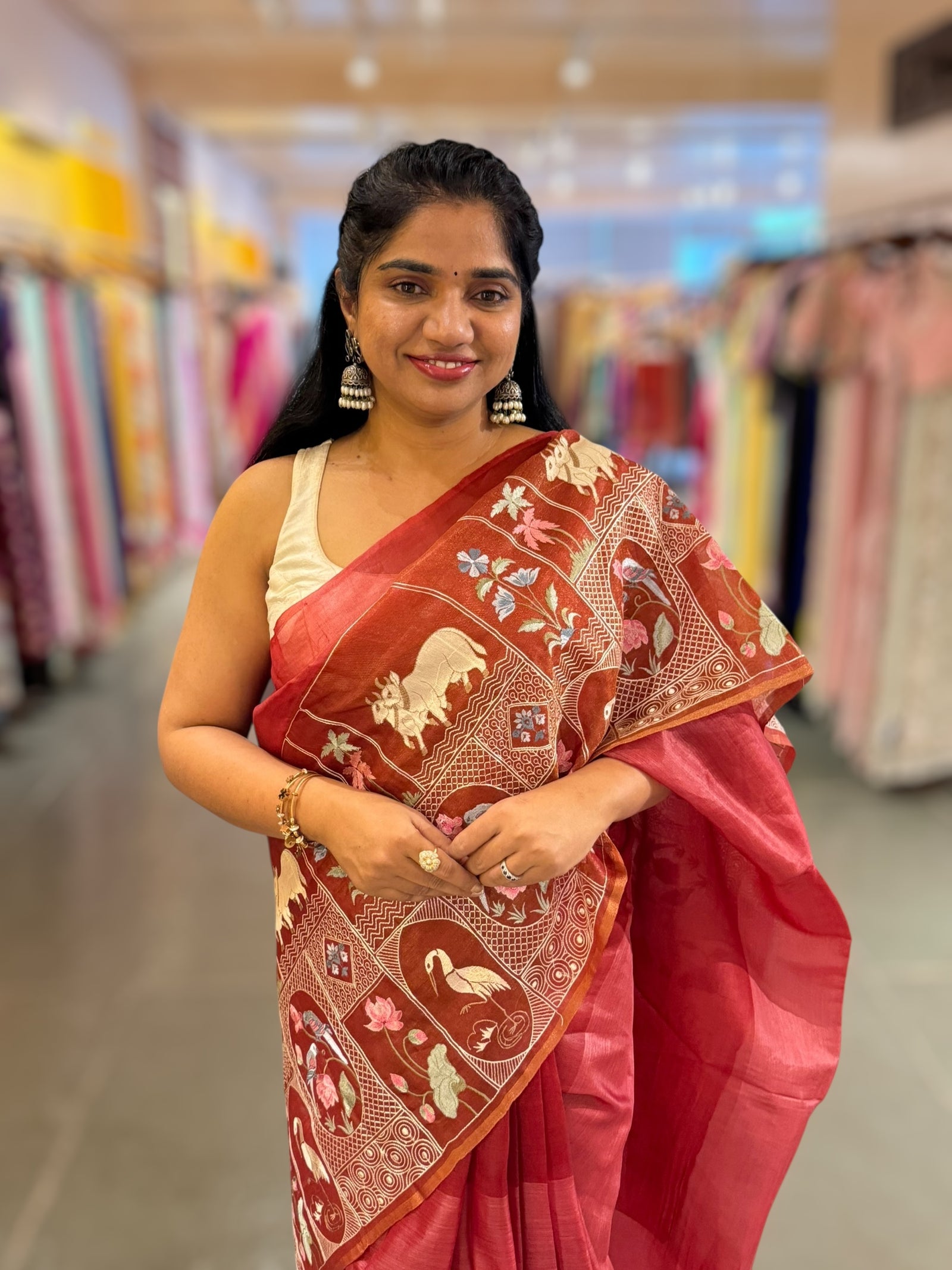Rust Red/ Brick Red Kora-Tussar blend Handloom Saree with Tissue embroidered Skirt Border