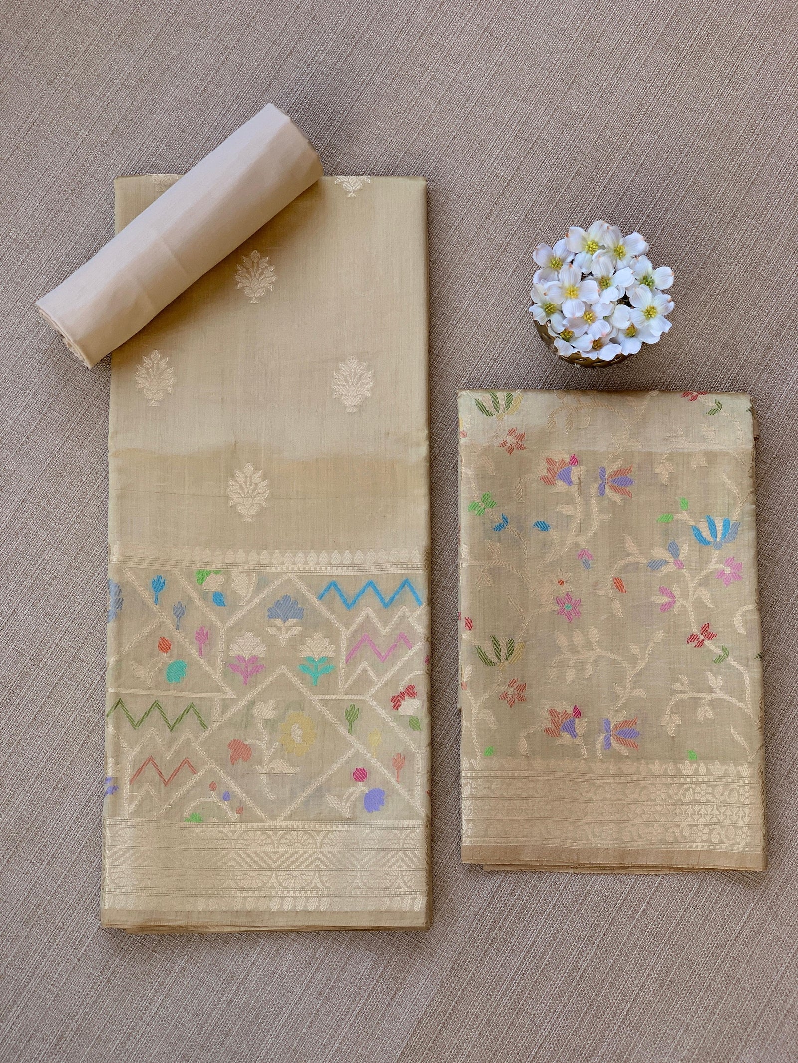 Golden Beige Banarasi Chiniya Silk 3-pc Suit set : SS62J04