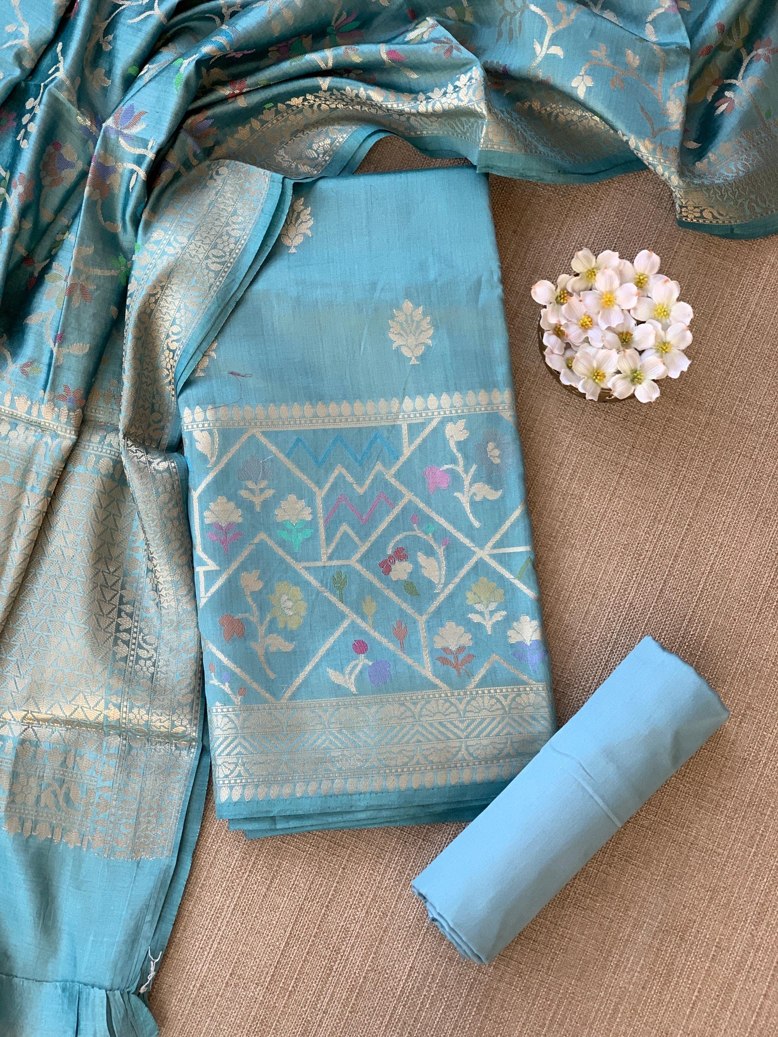 Powder Blue Banarasi Chiniya Silk 3-pc Suit set : SS62J02