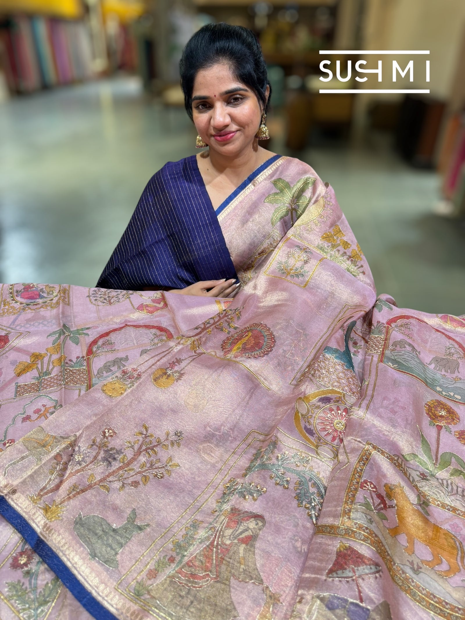 Pastel Pink Banarasi printed Tissue saree with handwork D62F057