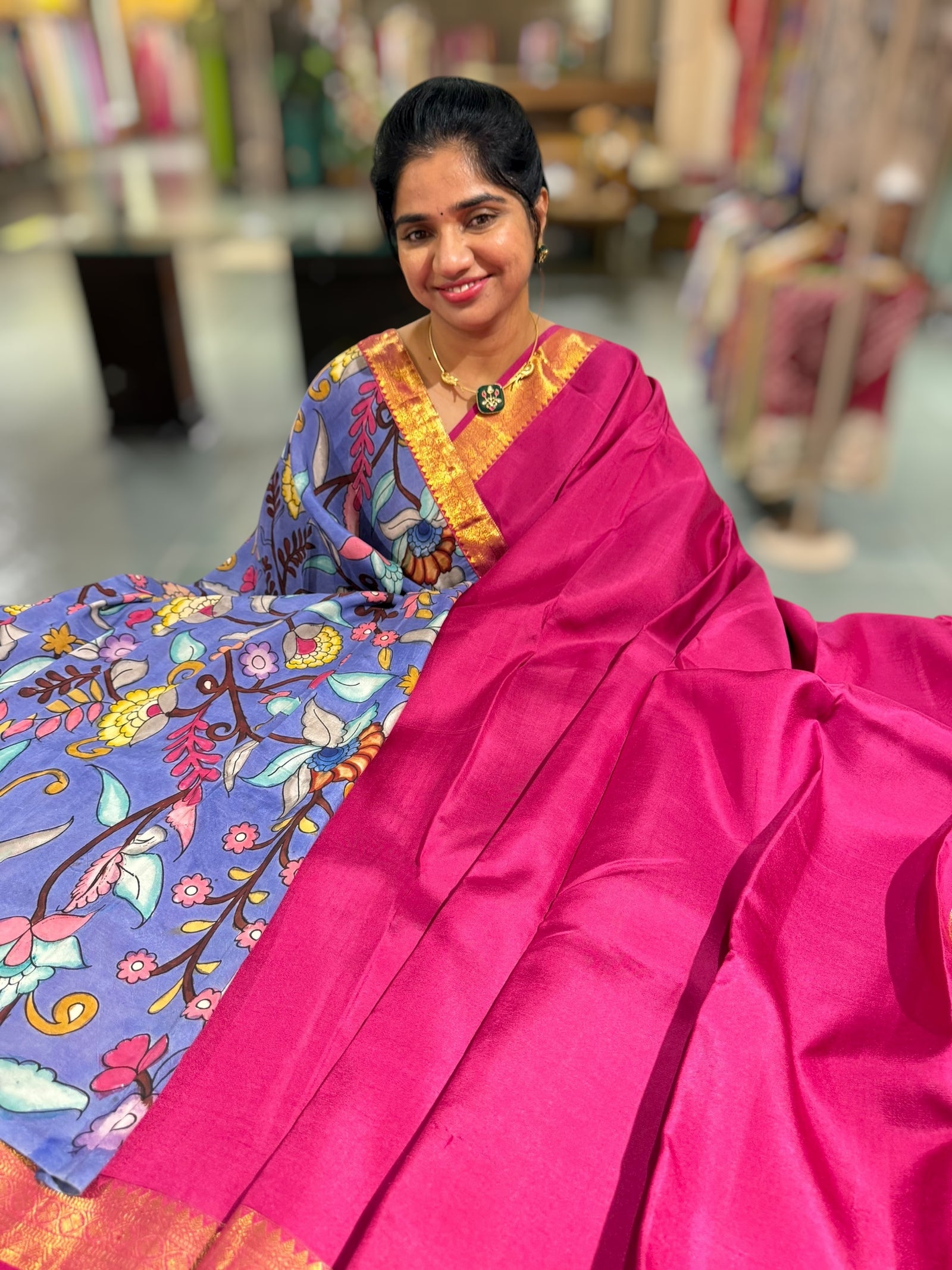 Ruby Pink vintage Kanchipuram silk saree with pen kalamkari blouse