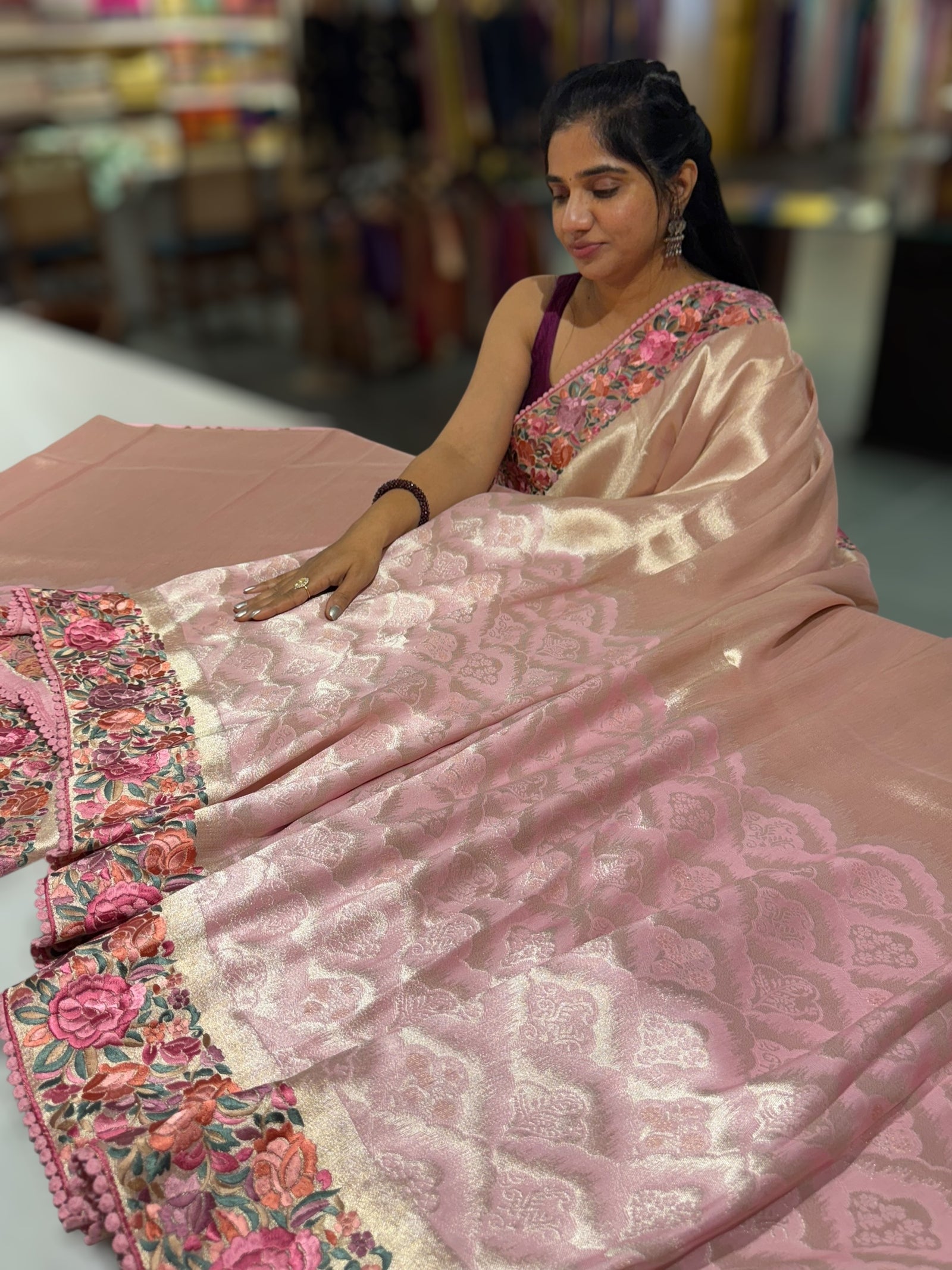 Baby Pink Banarasi Brocade tissue saree with tonchui style weaving and parsi gara embroidered border