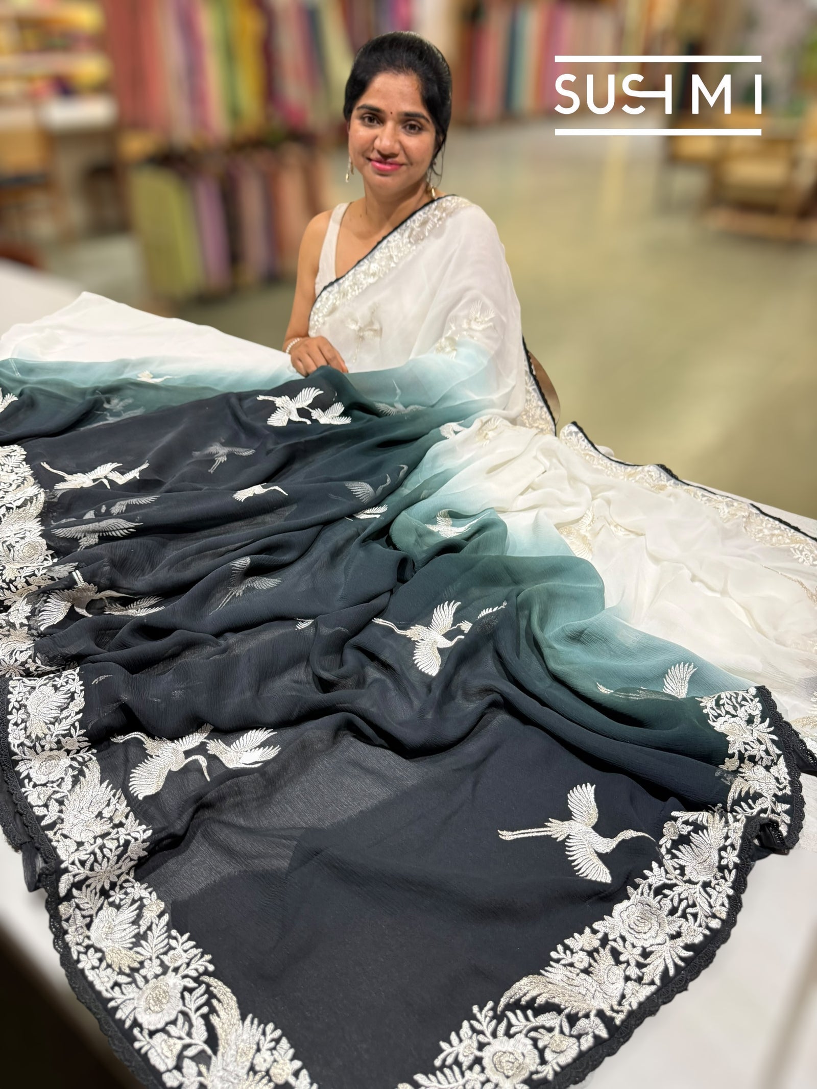 Black Ombre dyed chiffon saree with parsigara embroidery : S62F071