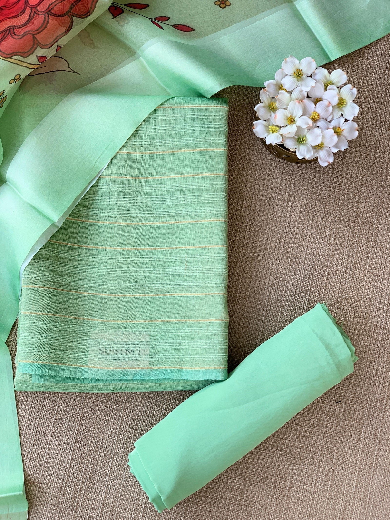 Mint Green Banarasi Chiniya Silk 3-pc Suit set : SS62J06