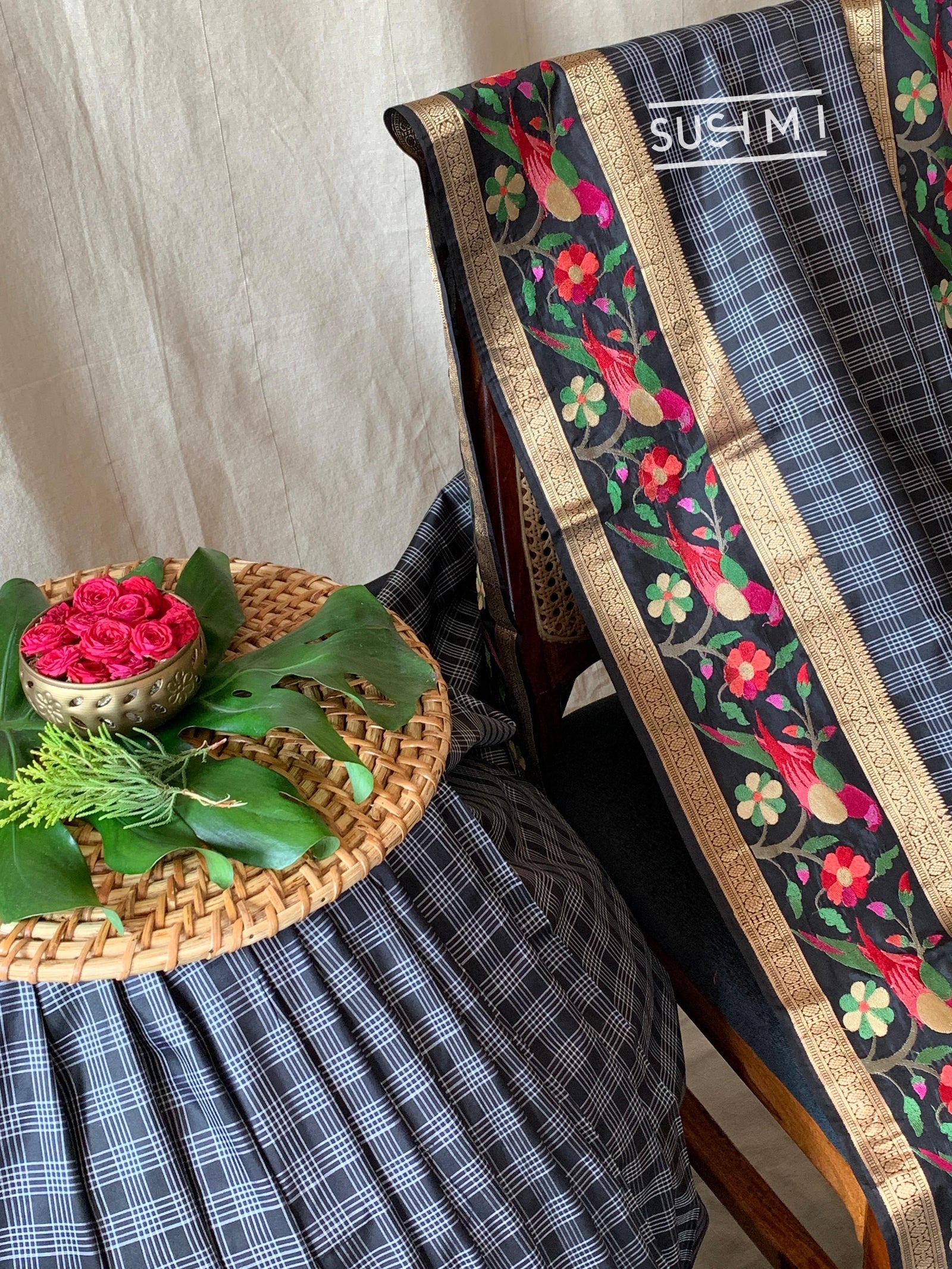 Black Vintage checks Kanjeevaram soft silk saree with embroidery D62F042