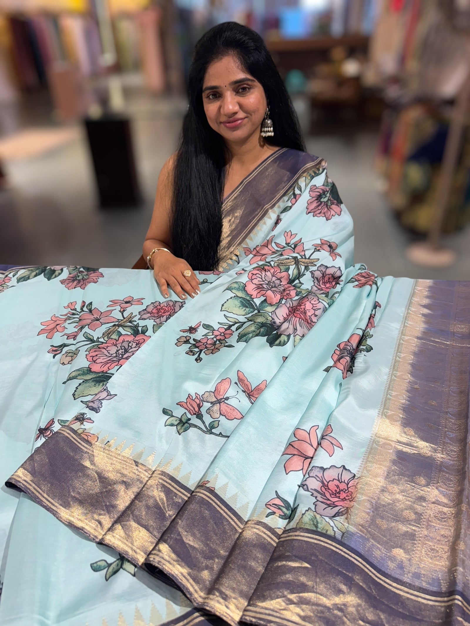 Baby Blue Kanjeevaram Designer print saree
