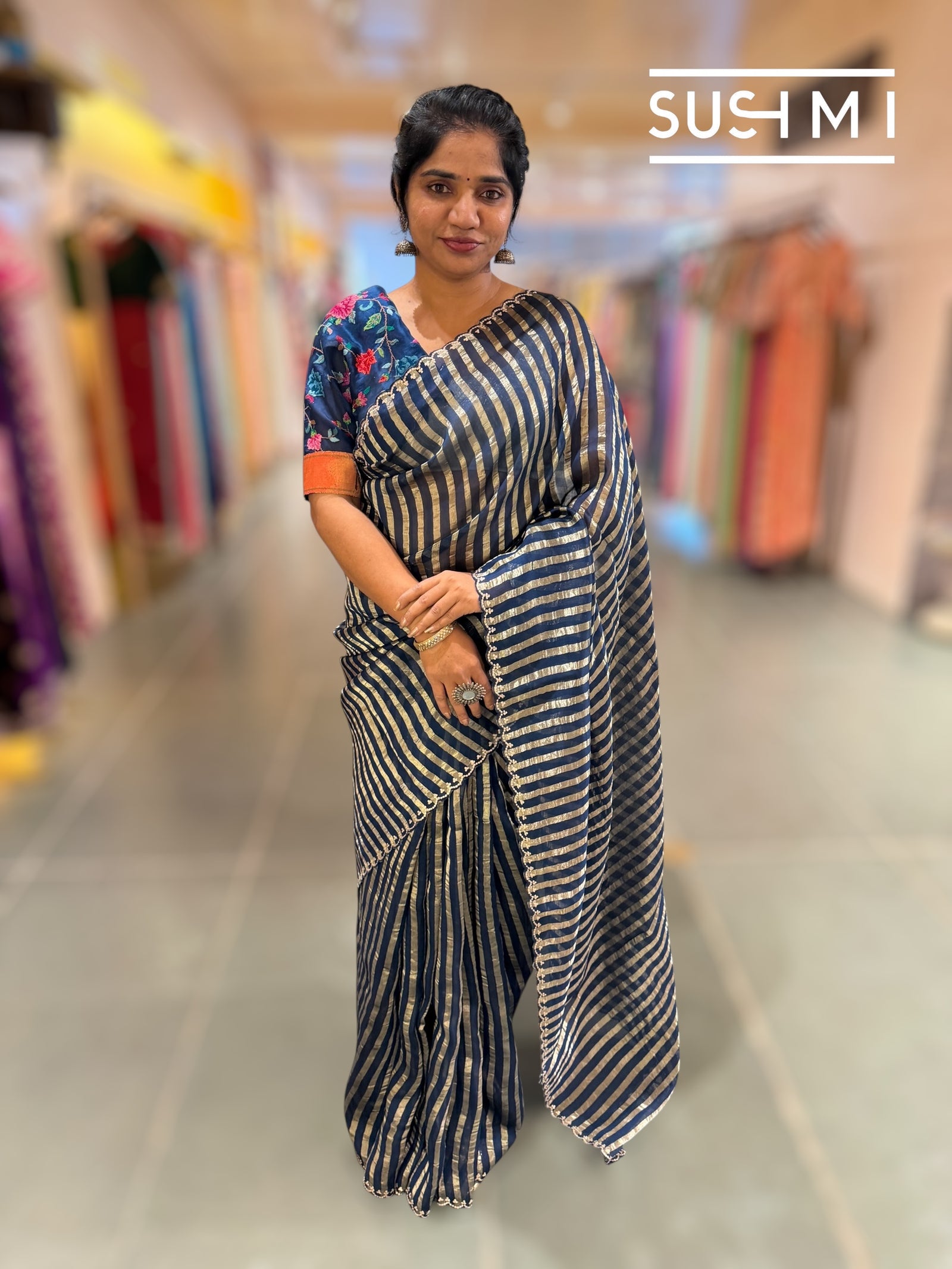 Midnight blue Mul tissue stripes saree with fusion blouse : D62134