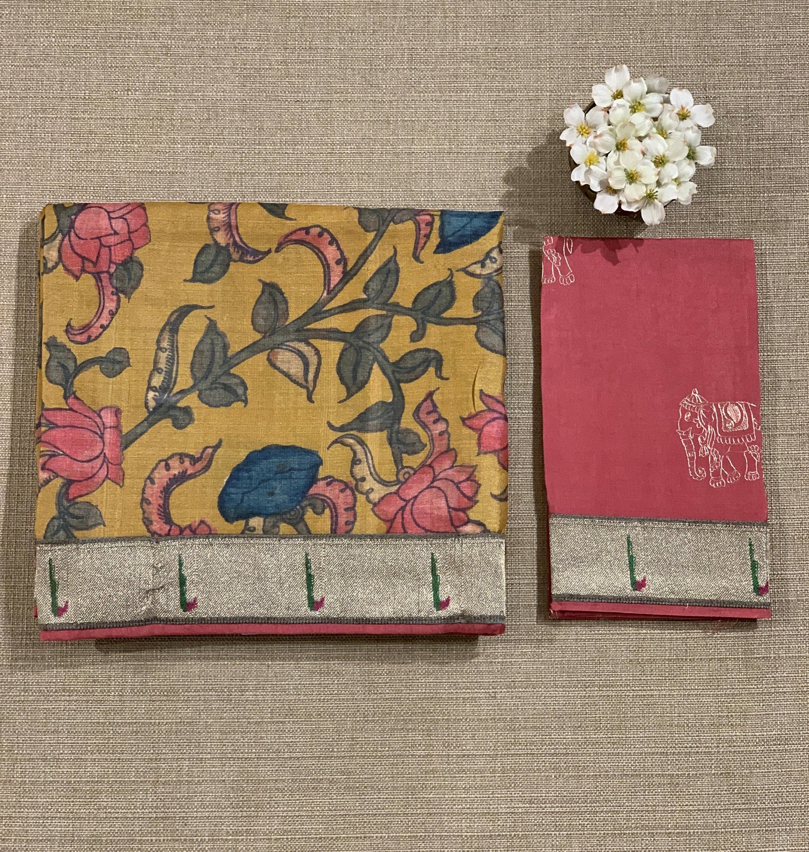 Pure Handloom Tussar kalamkari Saree with pythani single muniya borders