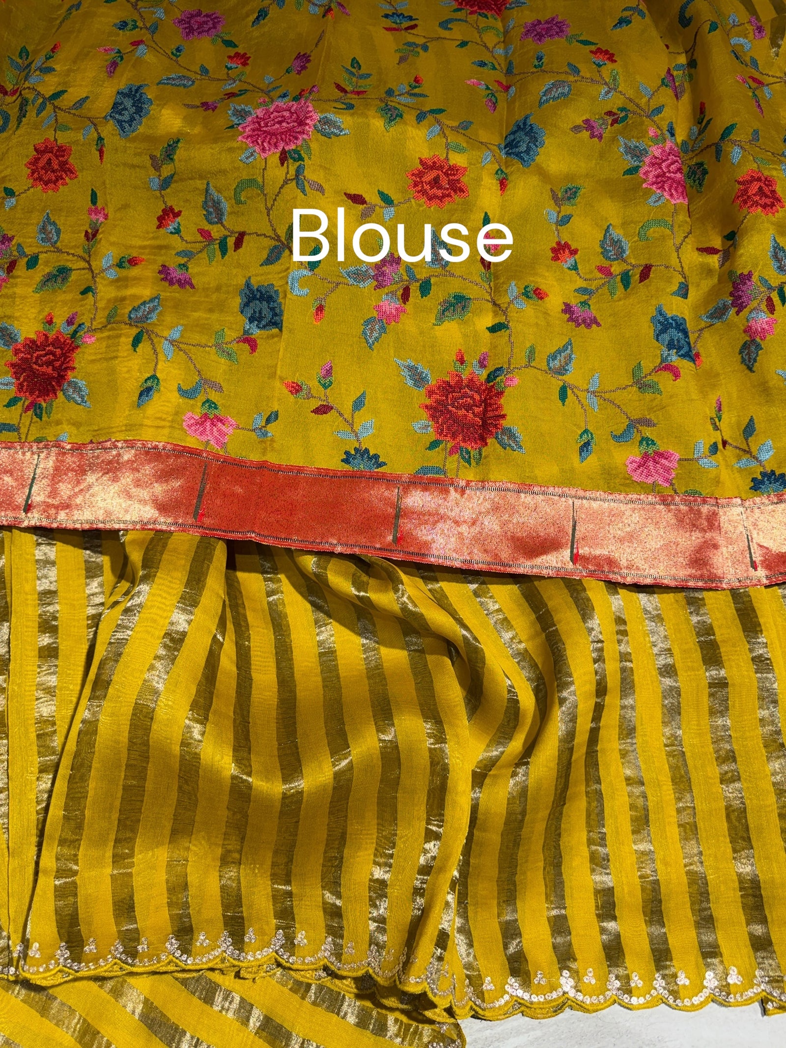 Mango Yellow Mul tissue stripes saree with fusion blouse : D62135