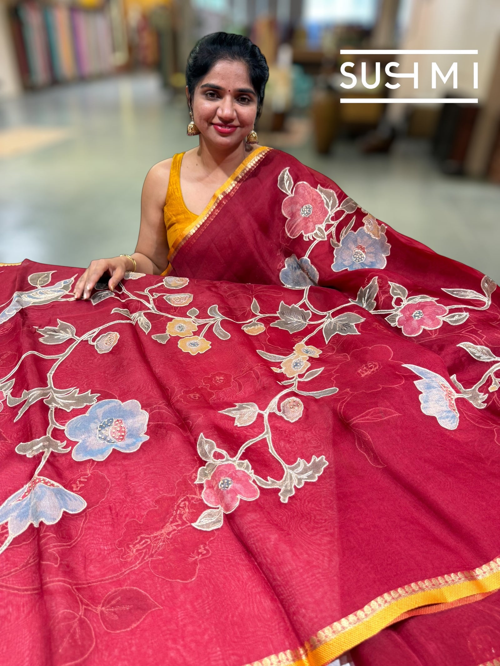 Dark Red Designer Organza with Tissue applique work : S62F096