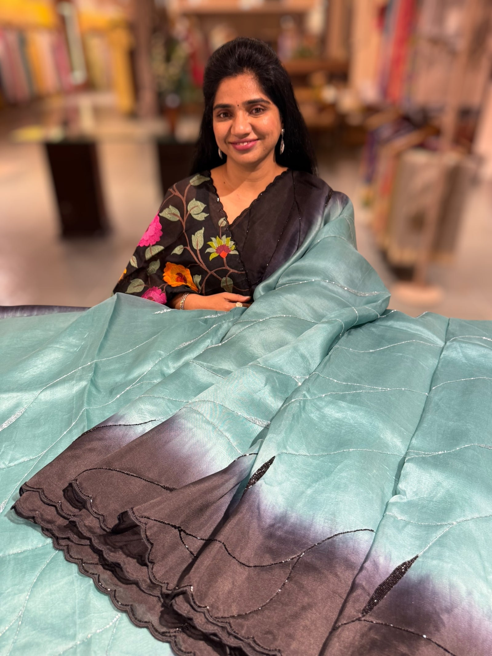 Teal & Black Ombre Dyed Pure Organza handwork saree