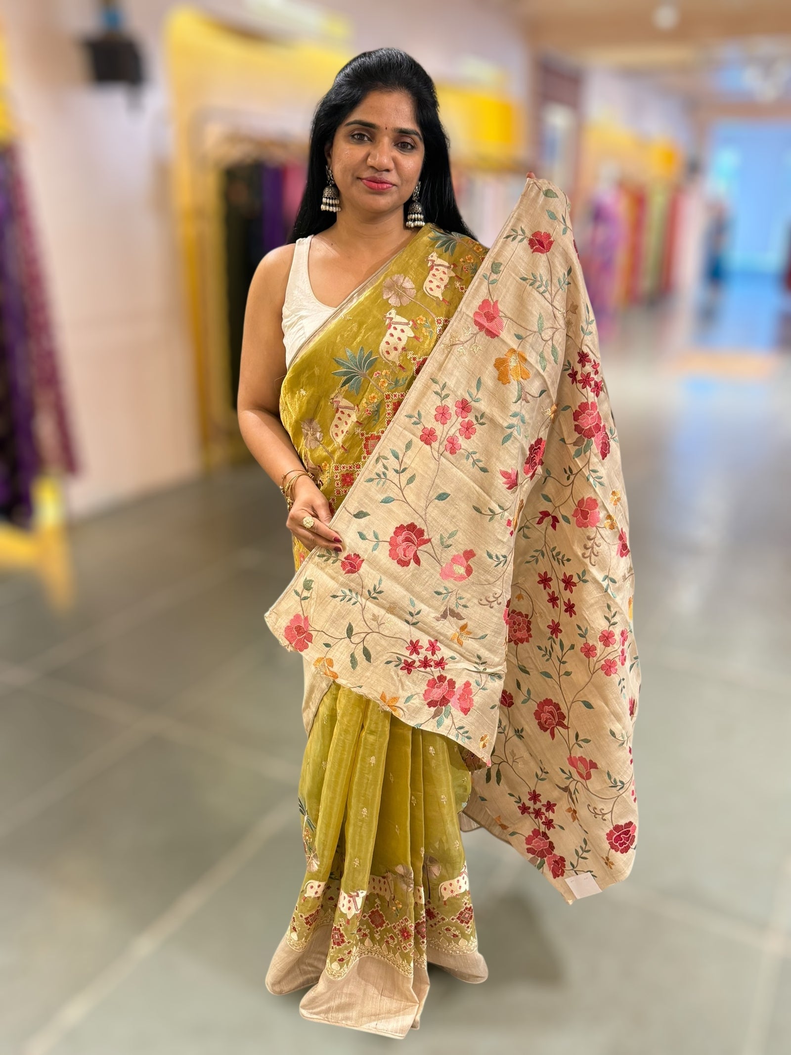 Lime Green Designer Tissue Saree