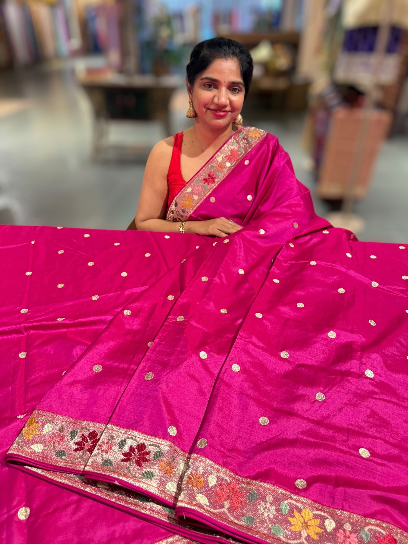 Rani Pink Kanchi soft silk saree with pythani and jamdani inspired embroidery