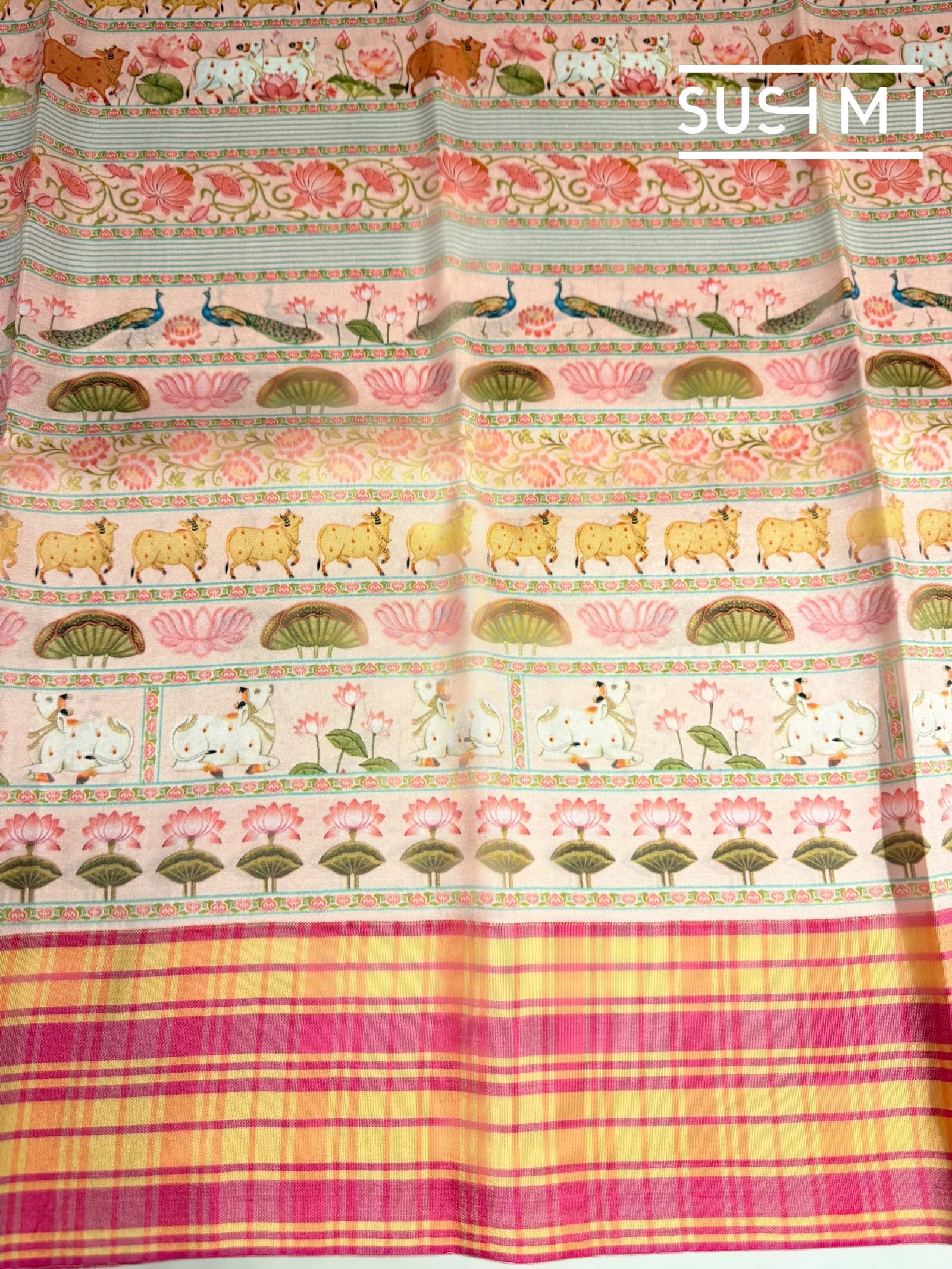 Pastel Pink printed soft silk saree with burberry checks border : D62F036