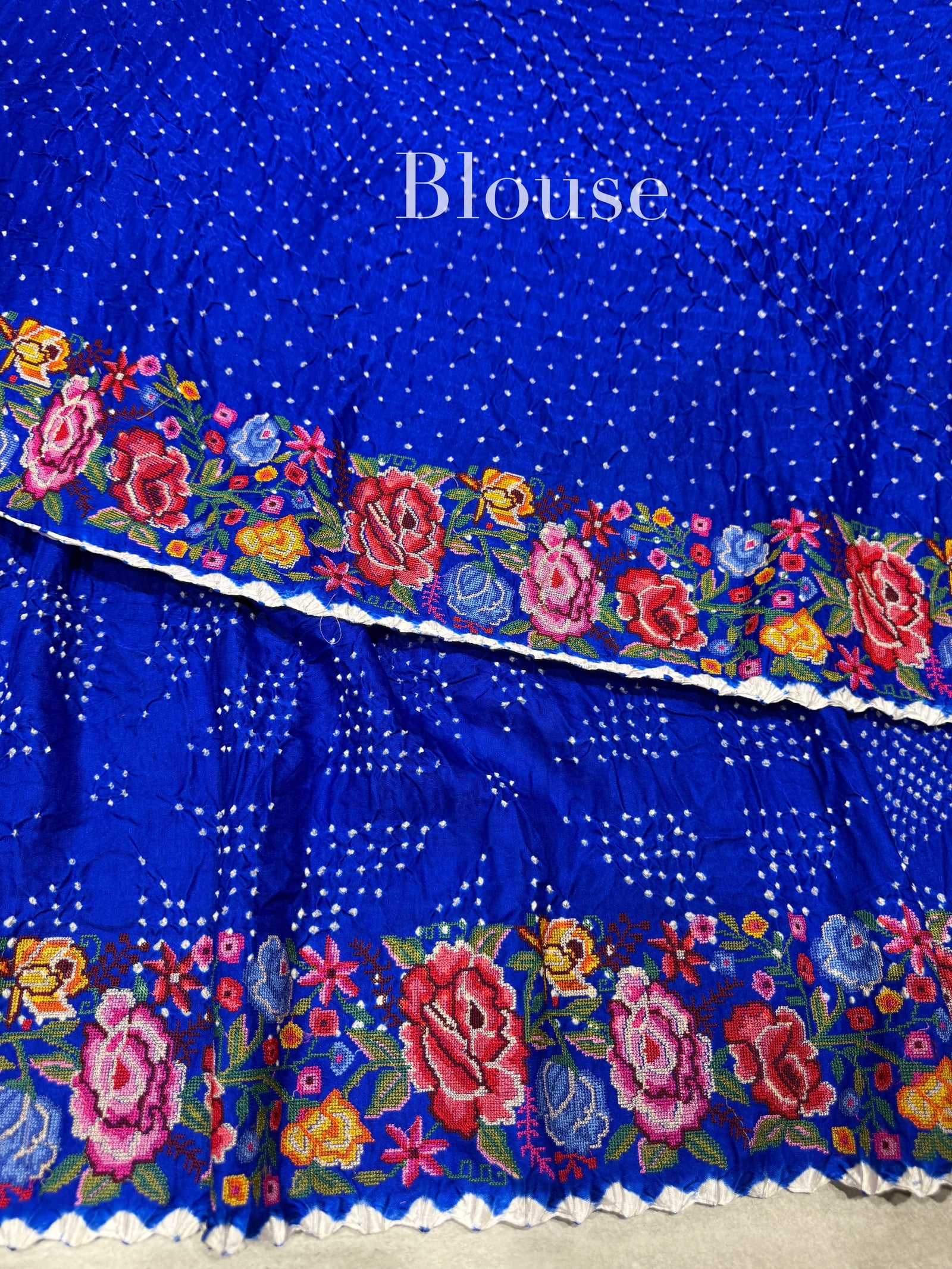 Electric Blue Pure Gajji Silk Rai bandhej Saree with petite point embroidery : SM081