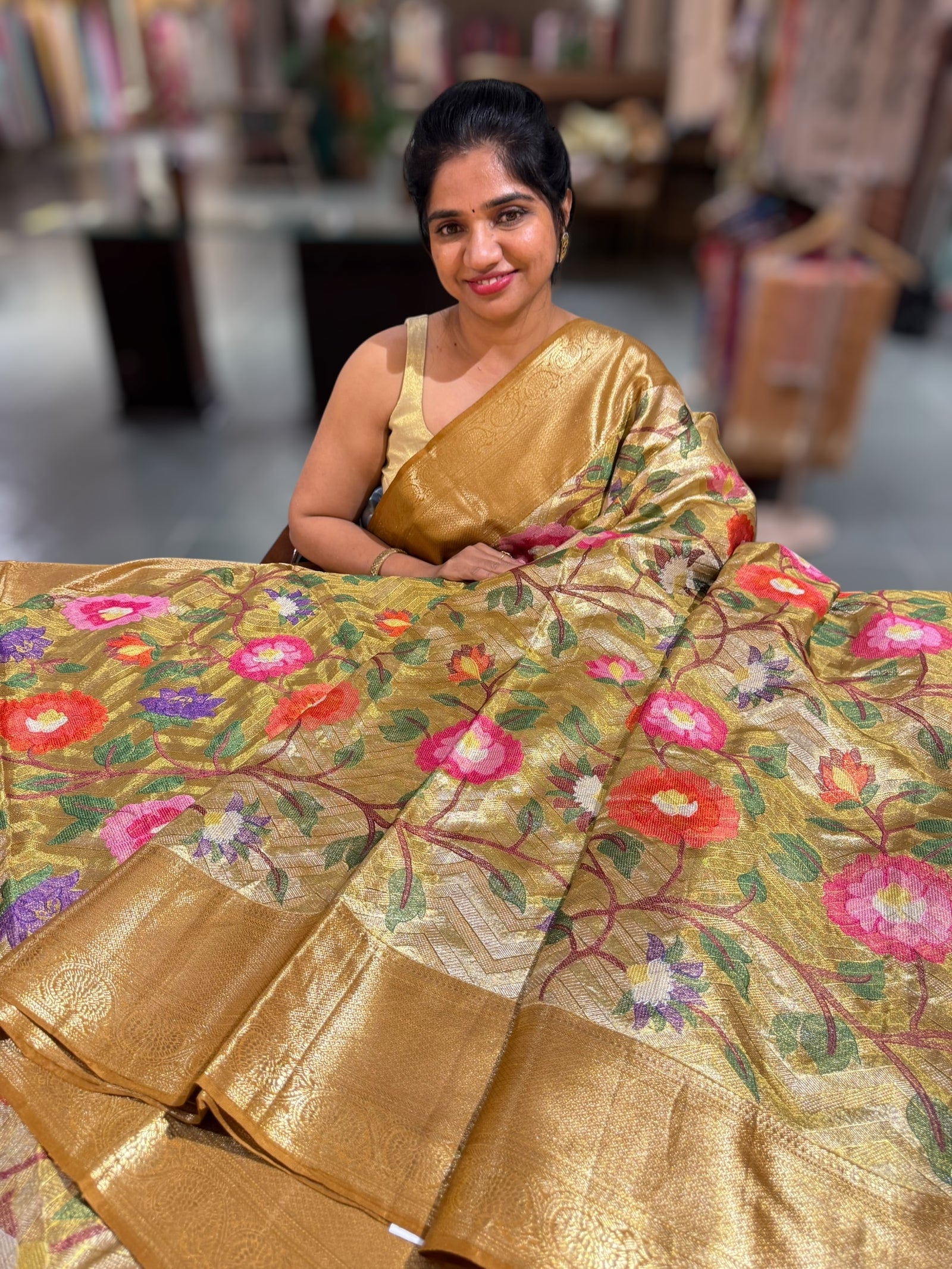 Molten Gold Kanjeevaram Tissue Saree with allover embroidery