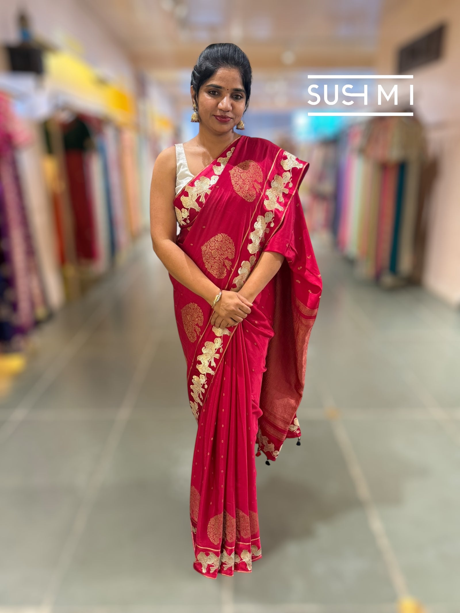 Dark Ruby Pink Mysore silk saree with woven motif and embroidered border : D62128