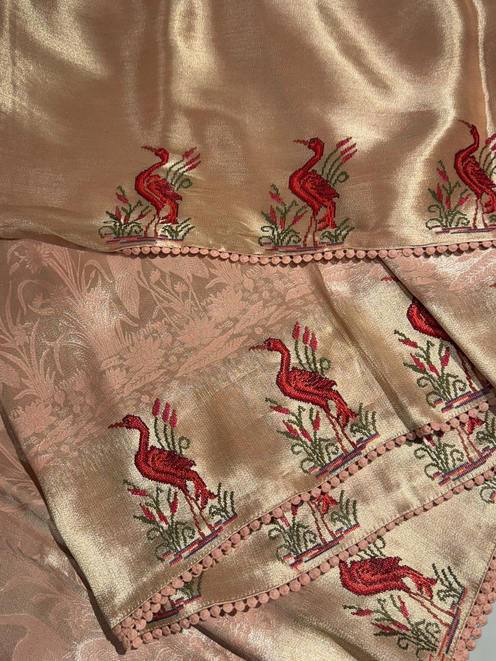 Peach Pink Banarasi Brocade tissue saree with tonchui style weaving & petite point embroidered swan border