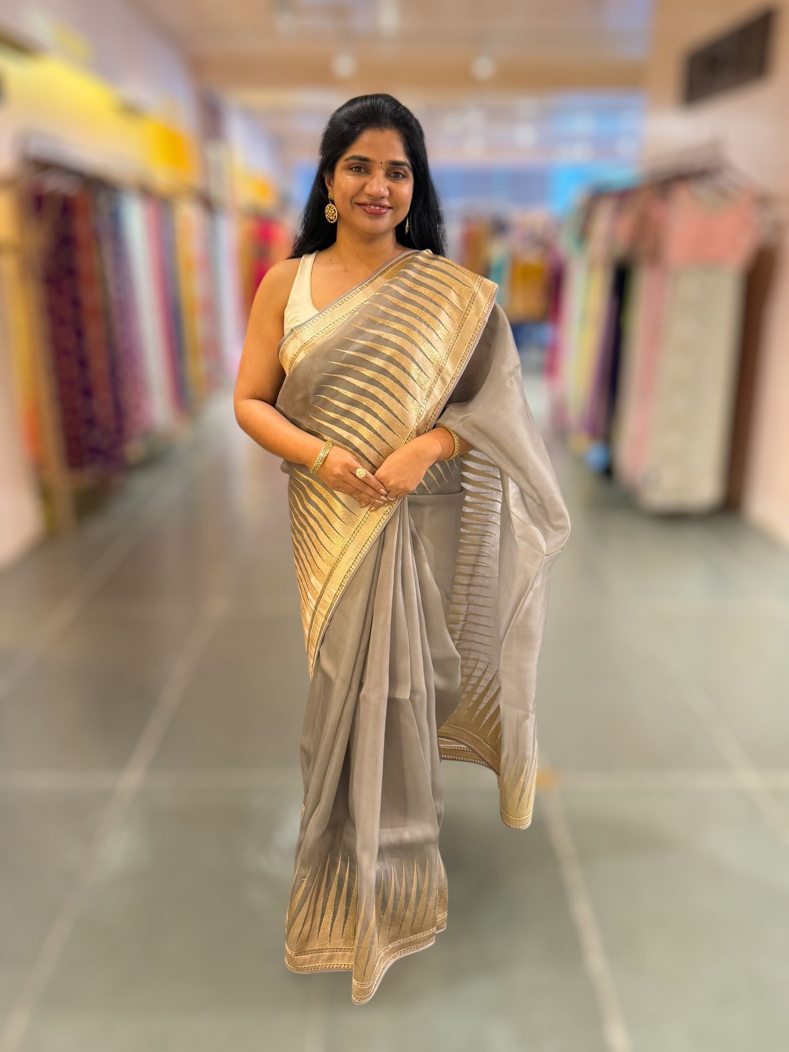 Grey Pure Organza With Temple Embroidered Border & Tussar Printed Blouse