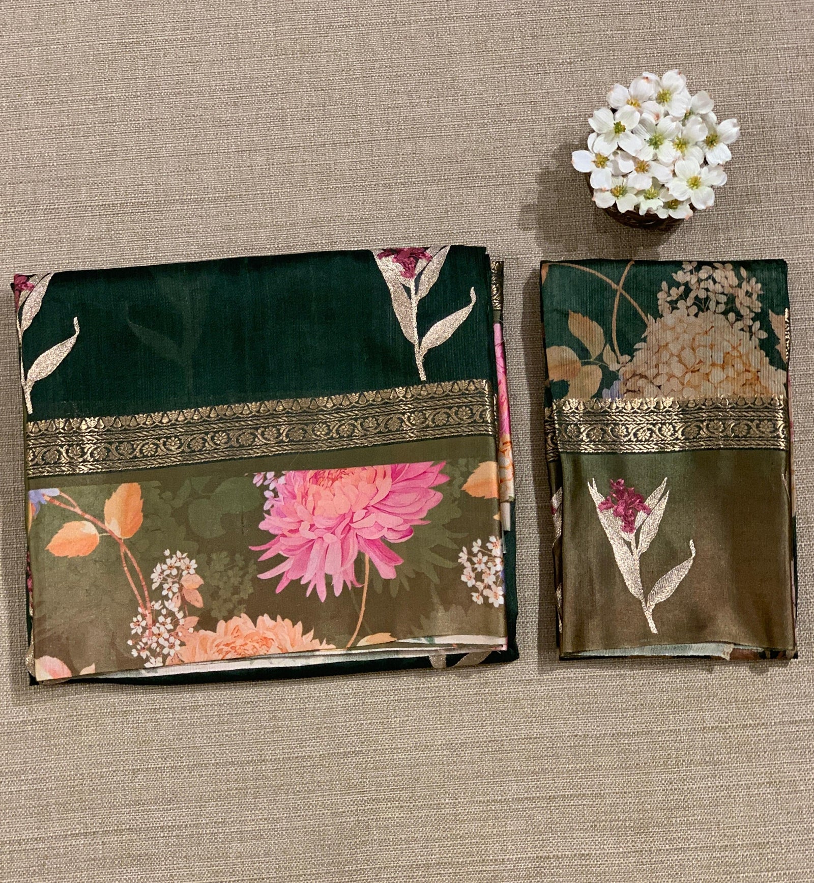 Forest Green Tussar Dhupion Saree with Floral printed mashru borders