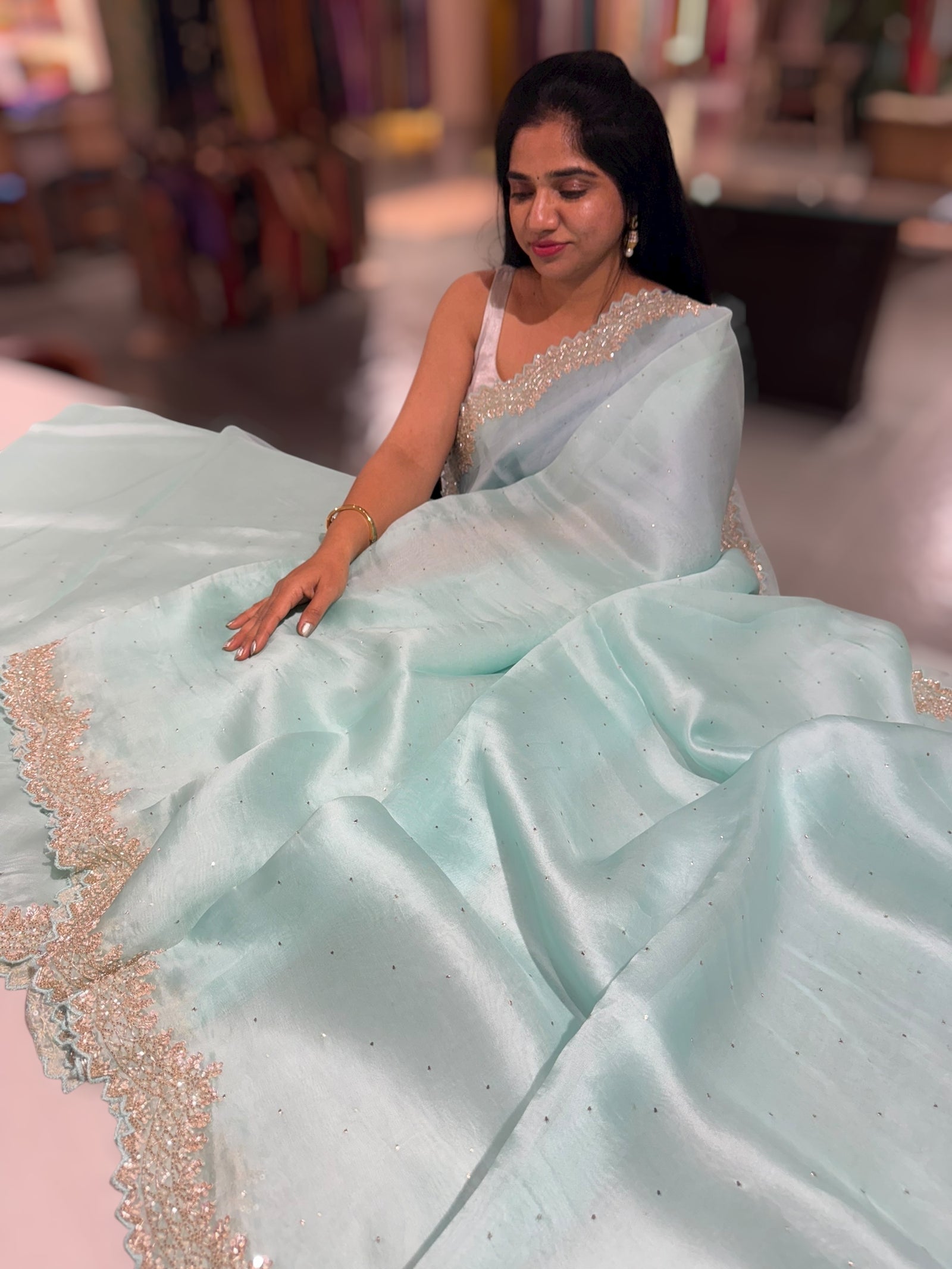 Mint Blue Pure Organza Handwork Saree with heavy Designer Blouse