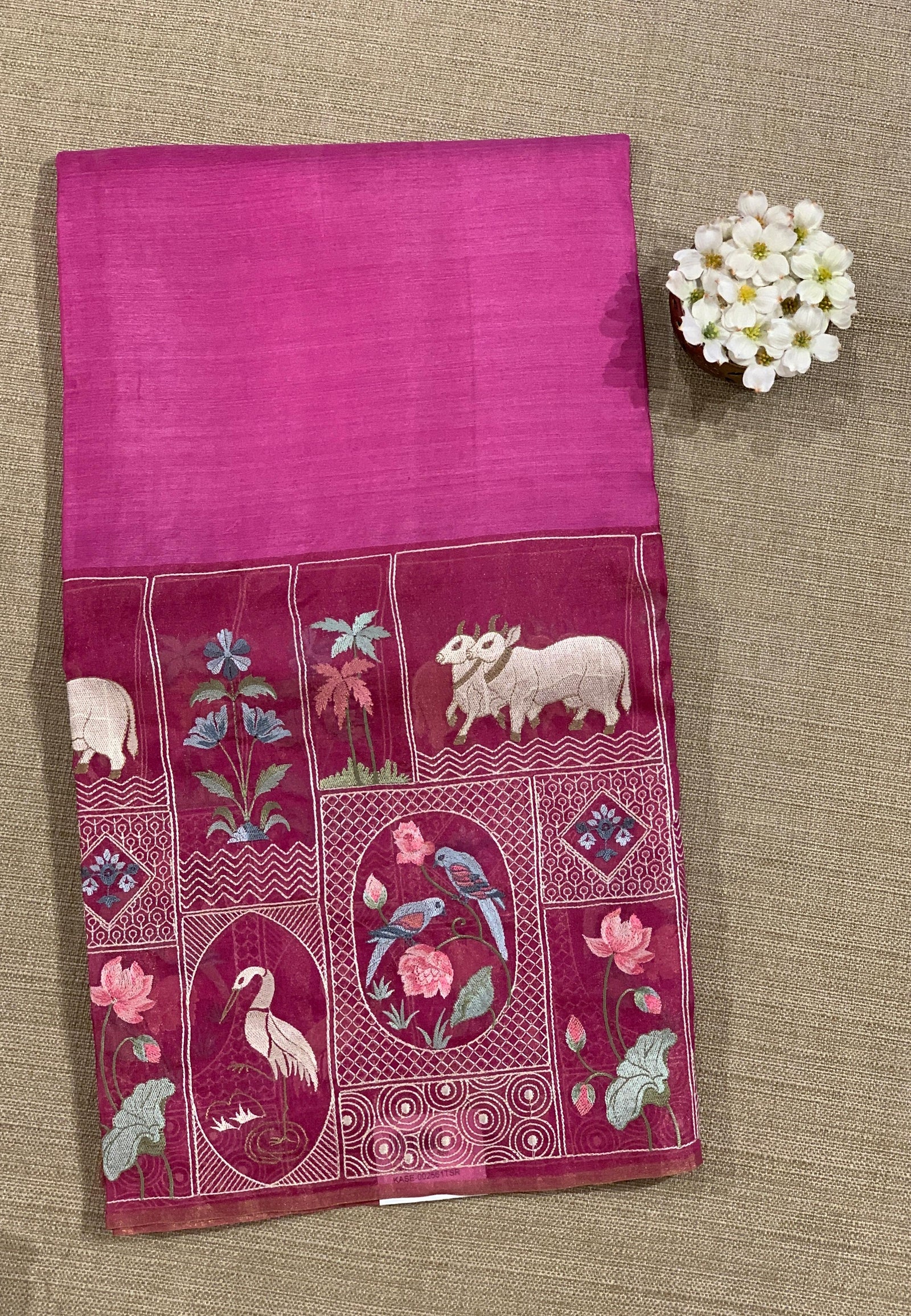 Majenta Pink Kora-Tussar blend Handloom Saree with Tissue embroidered Skirt Border