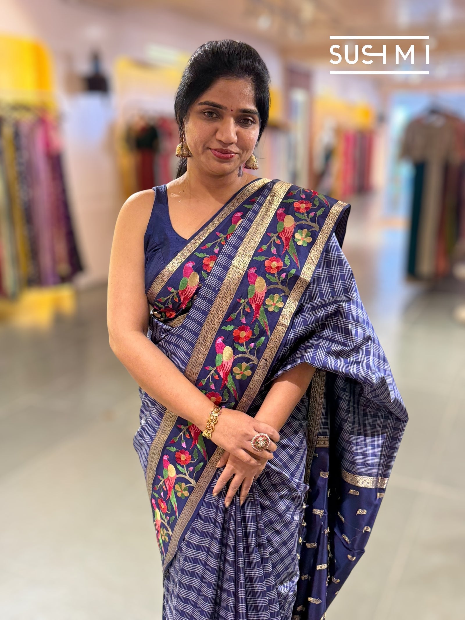 Midnight Blue Vintage checks Kanjeevaram soft silk saree with embroidery D62F040