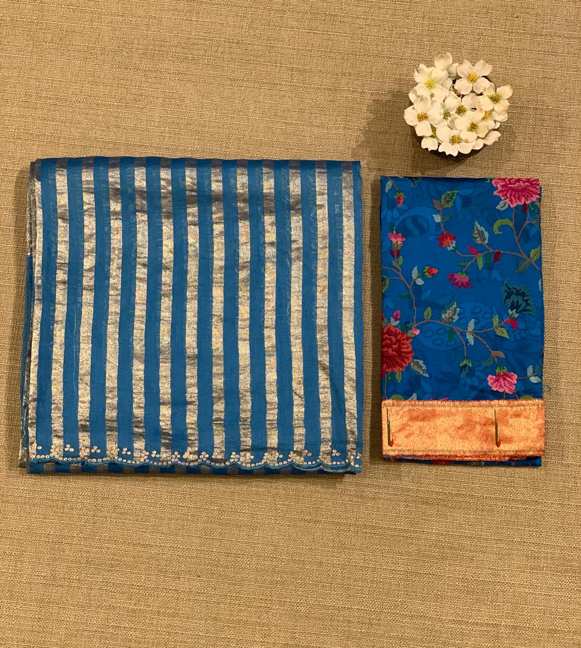 Cobalt Blue Mul tissue stripes saree with fusion blouse : D62137