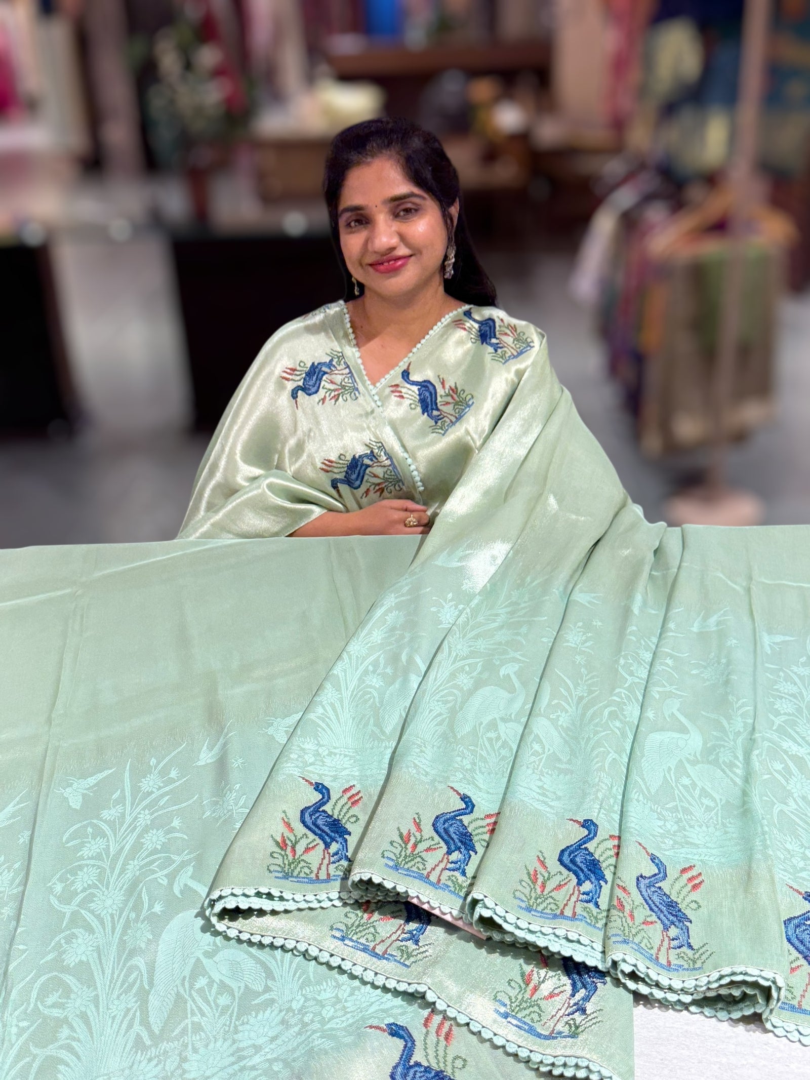 Mint Blue Banarasi Brocade tissue saree with tonchui style weaving & petite point embroidered swan border